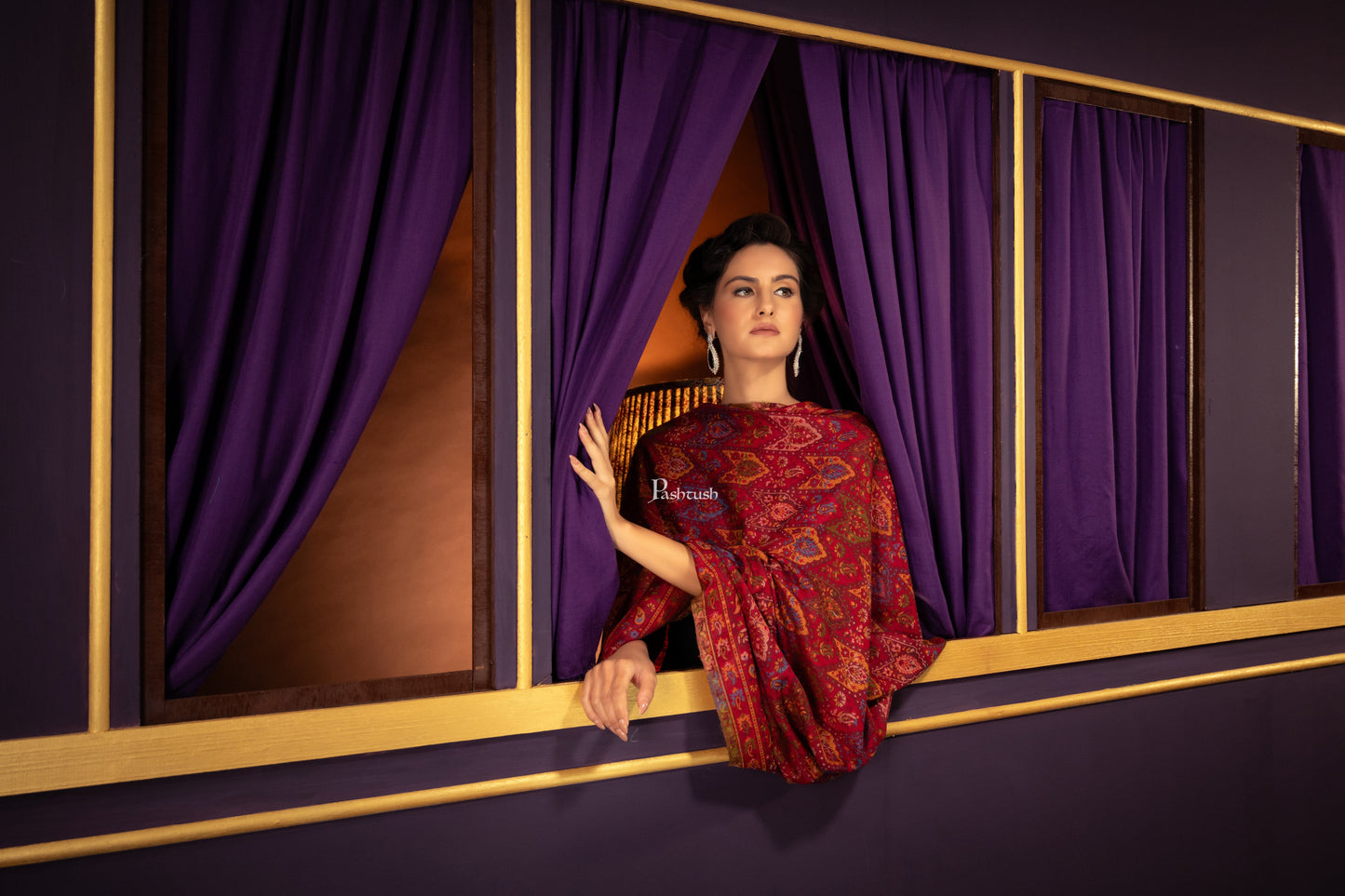 Pashtush India Womens Shawls Pashtush Womens 100% Pure Wool With Woolmark Certificate Shawl, Ethnic Palla Design, Maroon