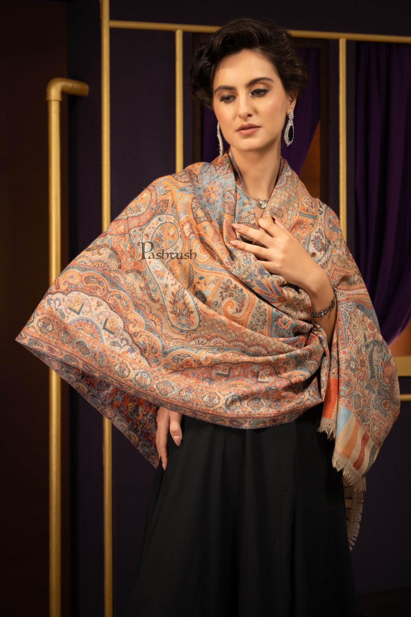 Pashtush India Womens Shawls Pashtush Womens 100% Pure Wool With Woolmark Certificate Shawl, Ethnic Weave Soft And Warm Design, Ivory