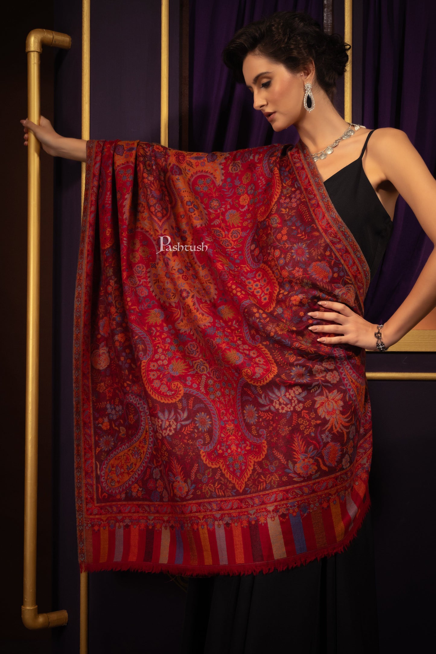 Pashtush India Womens Shawls Pashtush Womens 100% Pure Wool With Woolmark Certificate Shawl, Ethnic Weave Soft And Warm Design, Maroon