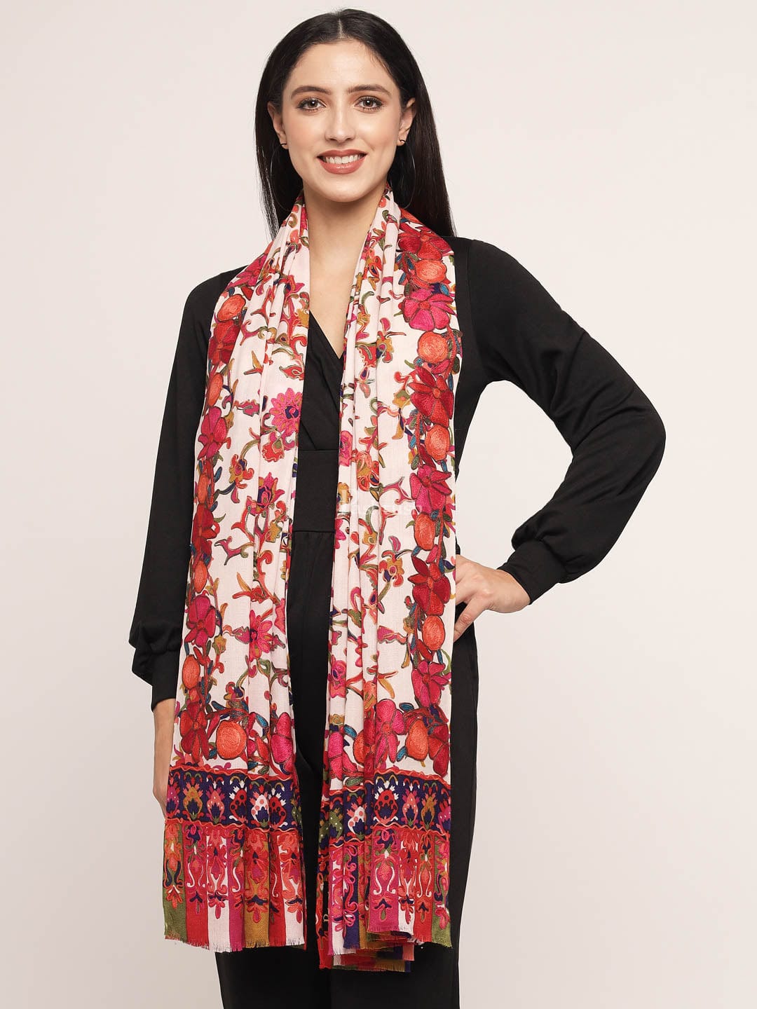 Pashtush India Womens Shawls Pashtush womens 100% Pure Wool with Woolmark Certificate shawl, hand printed and nalki embroidery design, Multicolour