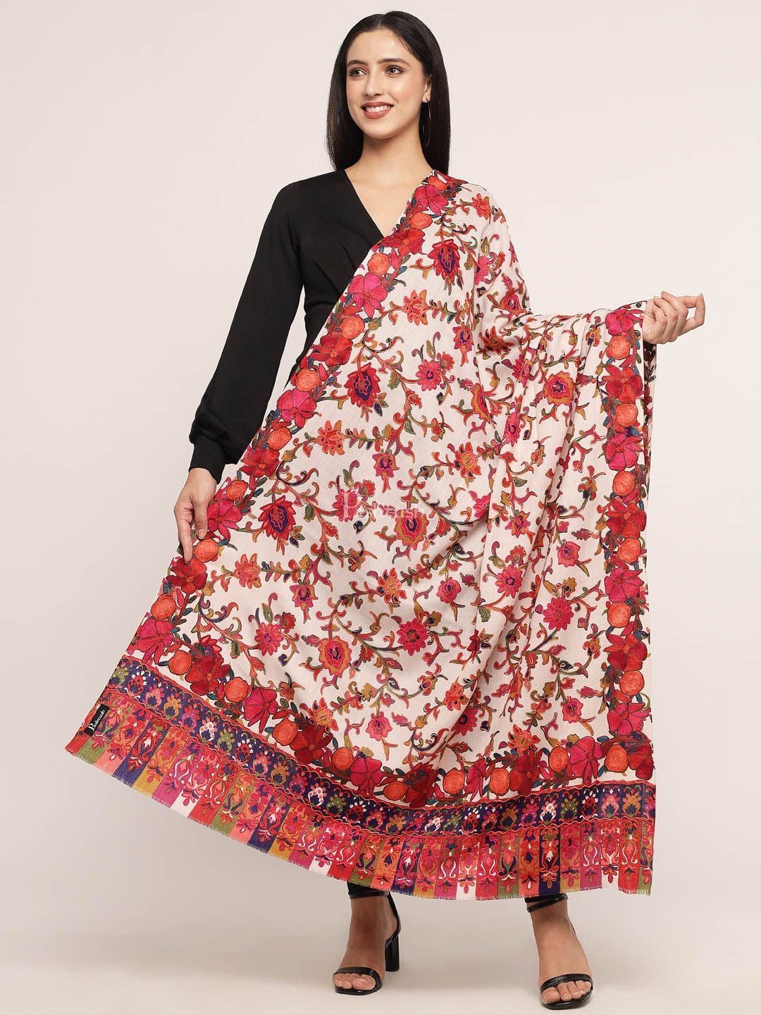 Pashtush India Womens Shawls Pashtush womens 100% Pure Wool with Woolmark Certificate shawl, hand printed and nalki embroidery design, Multicolour