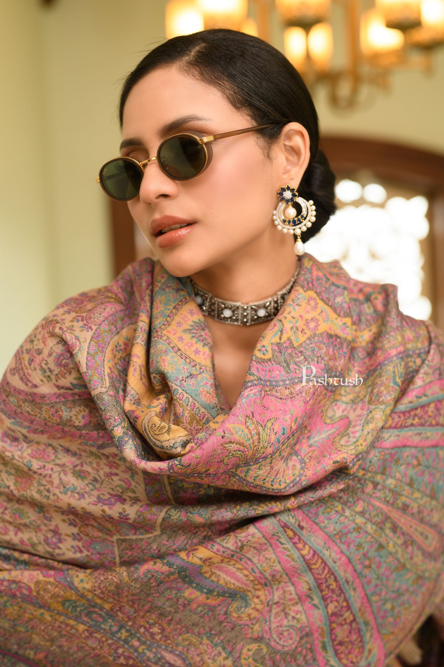 Pashtush India Womens Shawls Pashtush Womens 100% Pure Wool With Woolmark Certificate Shawl, Kalamkari Weave, Antique Aesthetic Woven Design, Beige