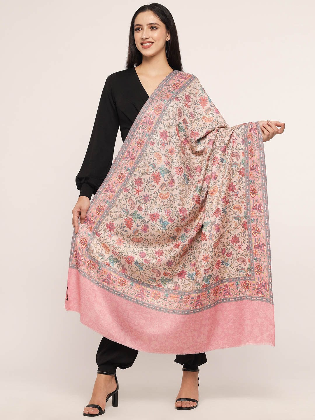 Pashtush India Womens Shawls Pashtush womens 100% Pure Wool with Woolmark Certificate shawl, nalki embroidery design, Pink
