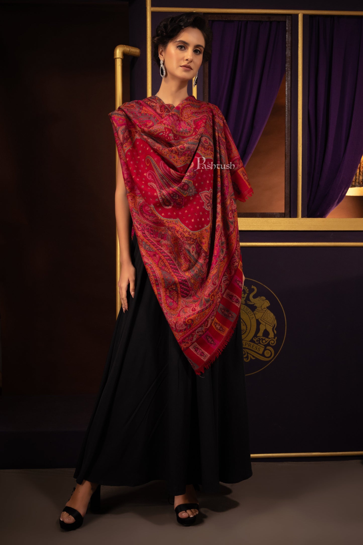 Pashtush India Womens Shawls Pashtush Womens 100% Pure Wool With Woolmark Certificate Shawl, Paisley Weave Design, Red