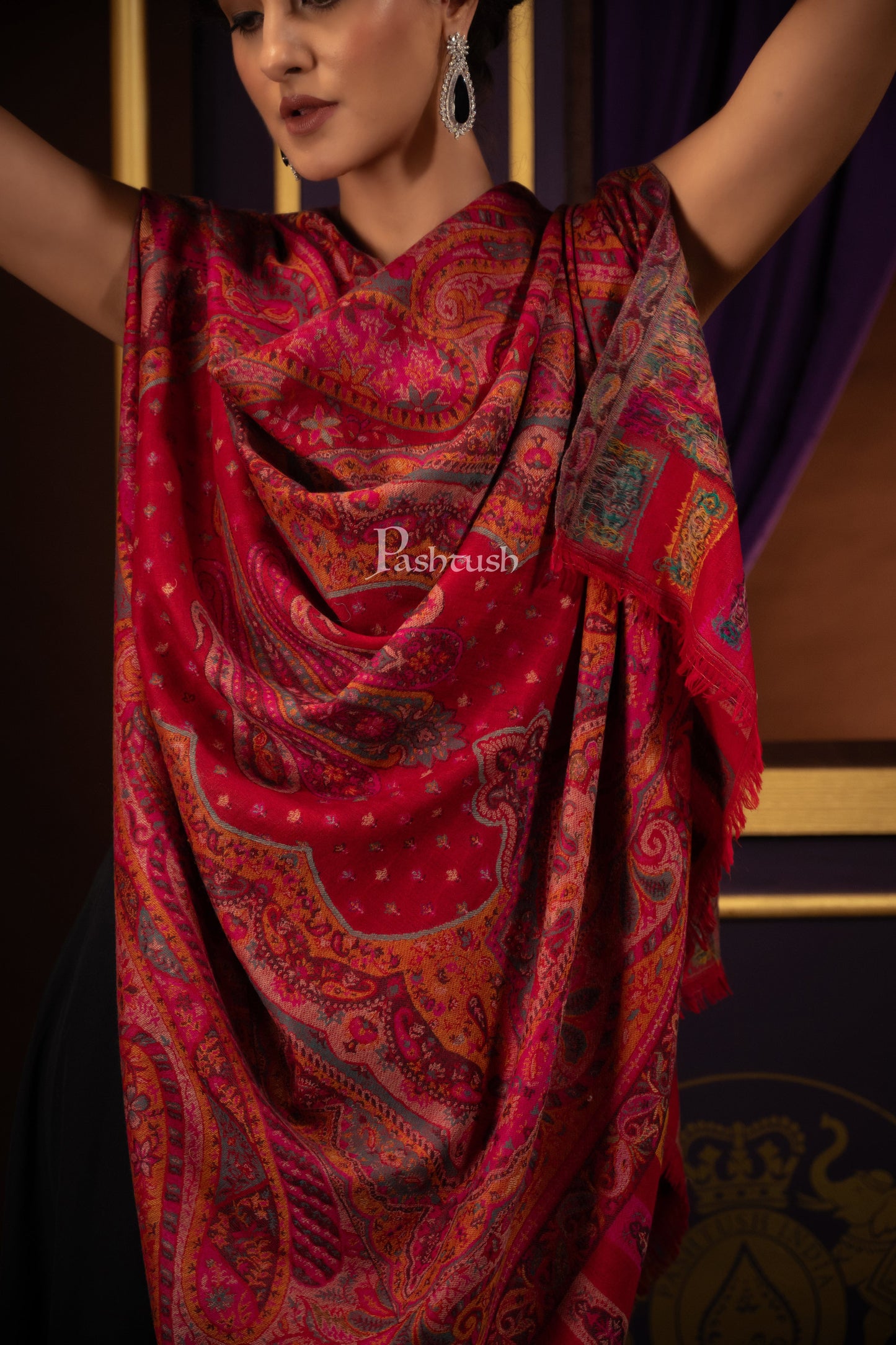 Pashtush India Womens Shawls Pashtush Womens 100% Pure Wool With Woolmark Certificate Shawl, Paisley Weave Design, Red