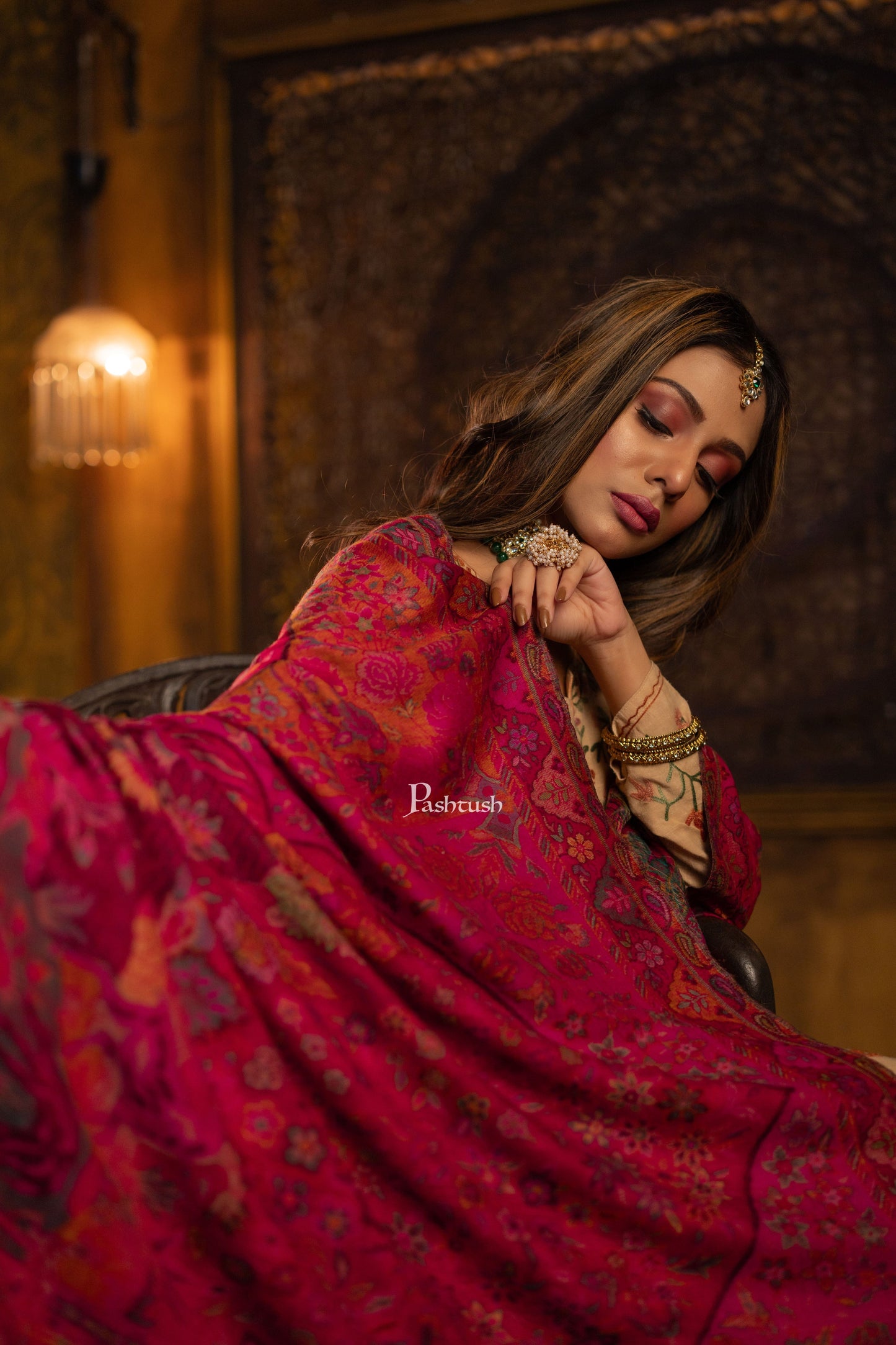 Pashtush India Womens Shawls Pashtush Womens 100% Pure Wool With Woolmark Certificate Shawl, Paradise Design, Maroon