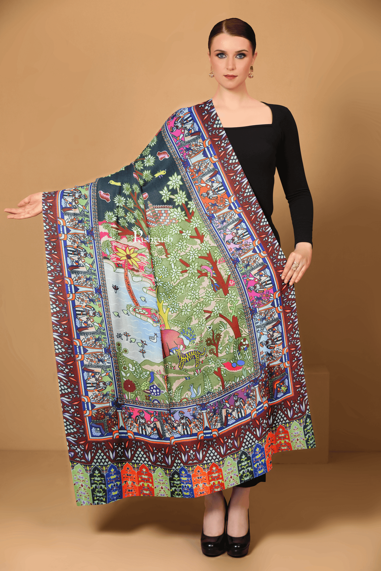 Pashtush India Womens Shawls Pashtush Womens 100% Pure Wool With Woolmark Certificate Shawl, Shikaardar Design, Multicolour