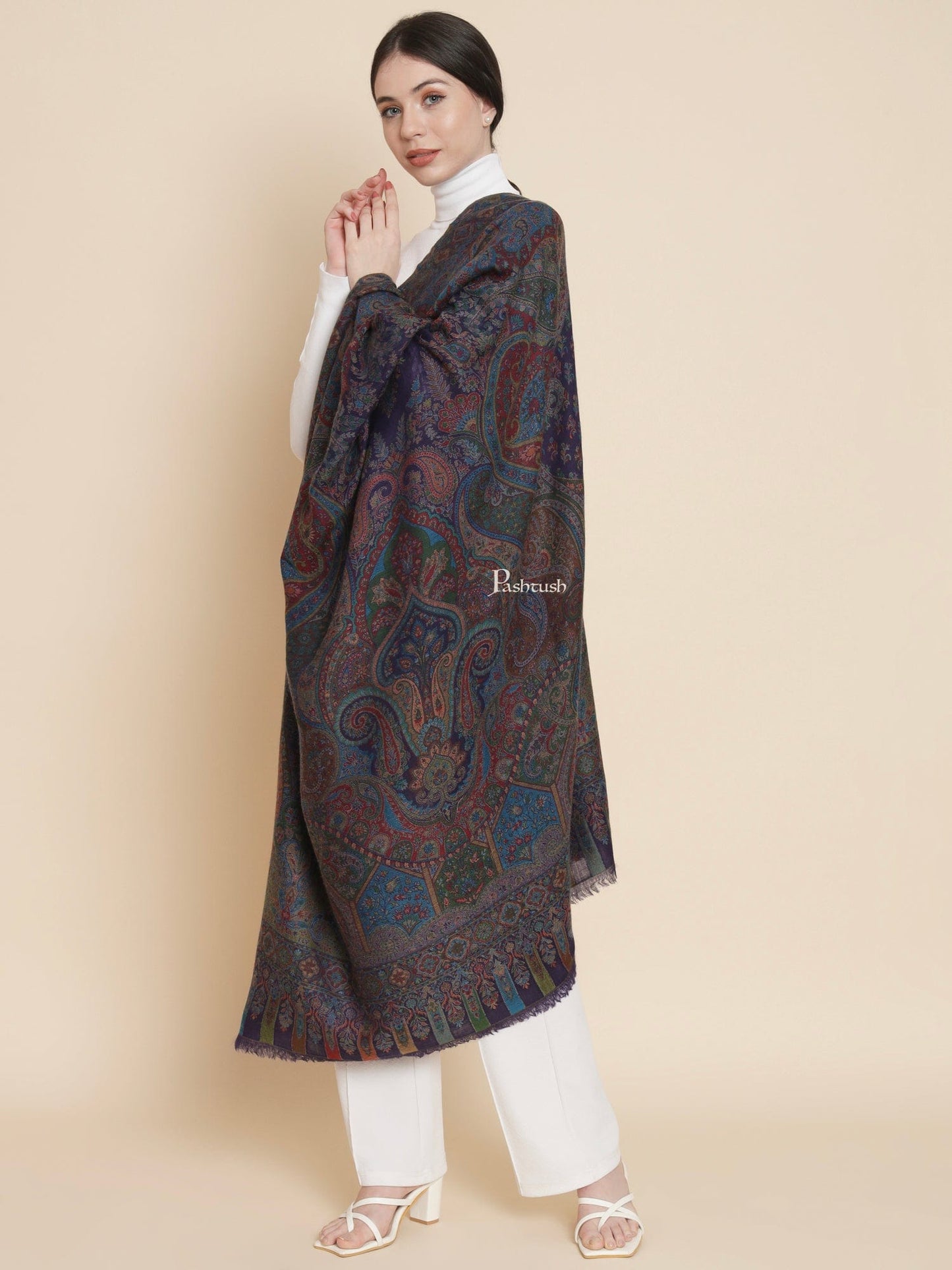 Pashtush India Womens Shawls Pashtush Womens 100% Pure Wool With Woolmark Certificate Shawl, Woven Kalamkari Weave Design, Blue