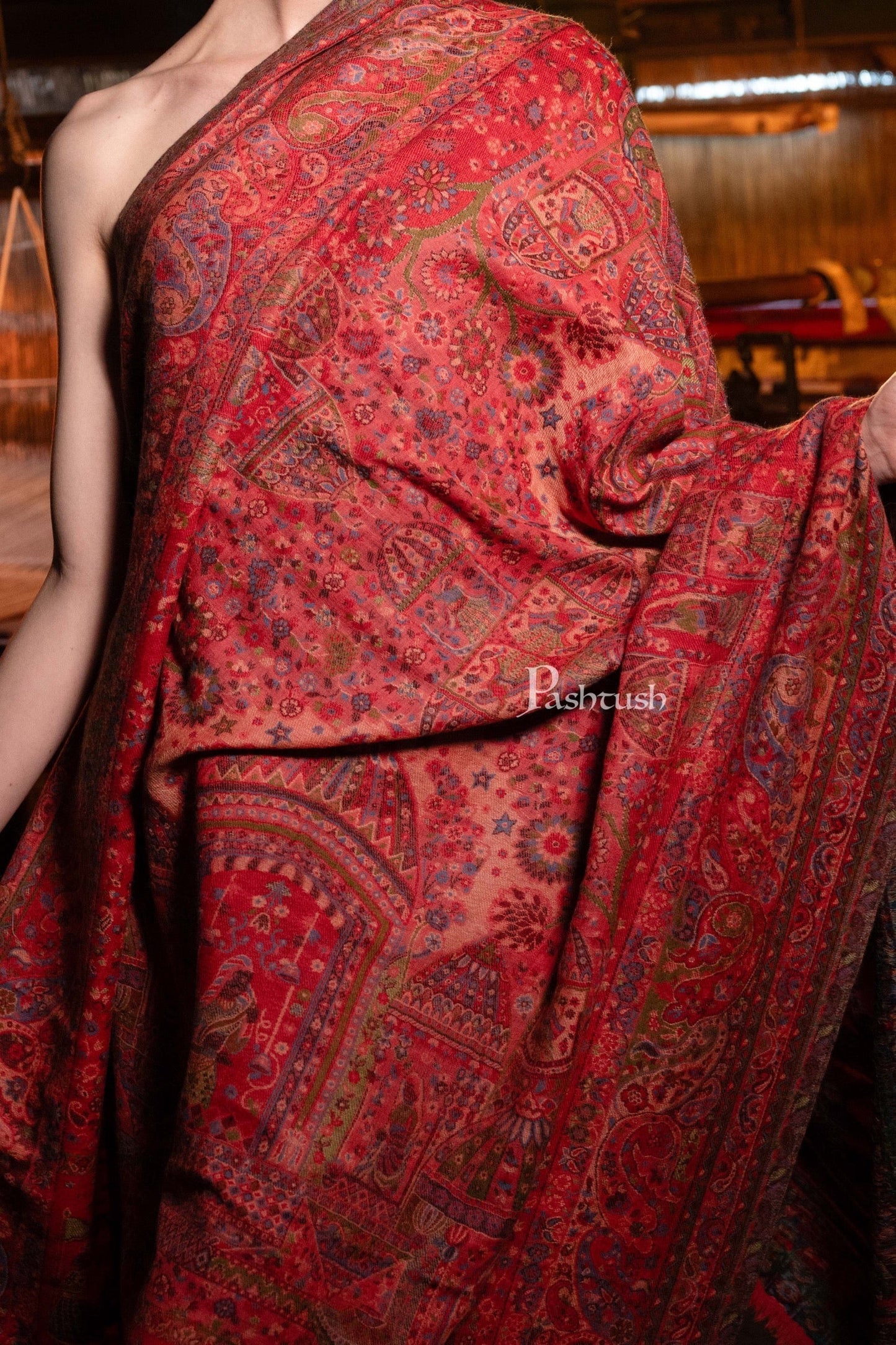 Pashtush India Womens Shawls Pashtush Womens 100% Pure Wool With Woolmark Certificate Shawl, Woven Weave Royal Doli Design, Rose