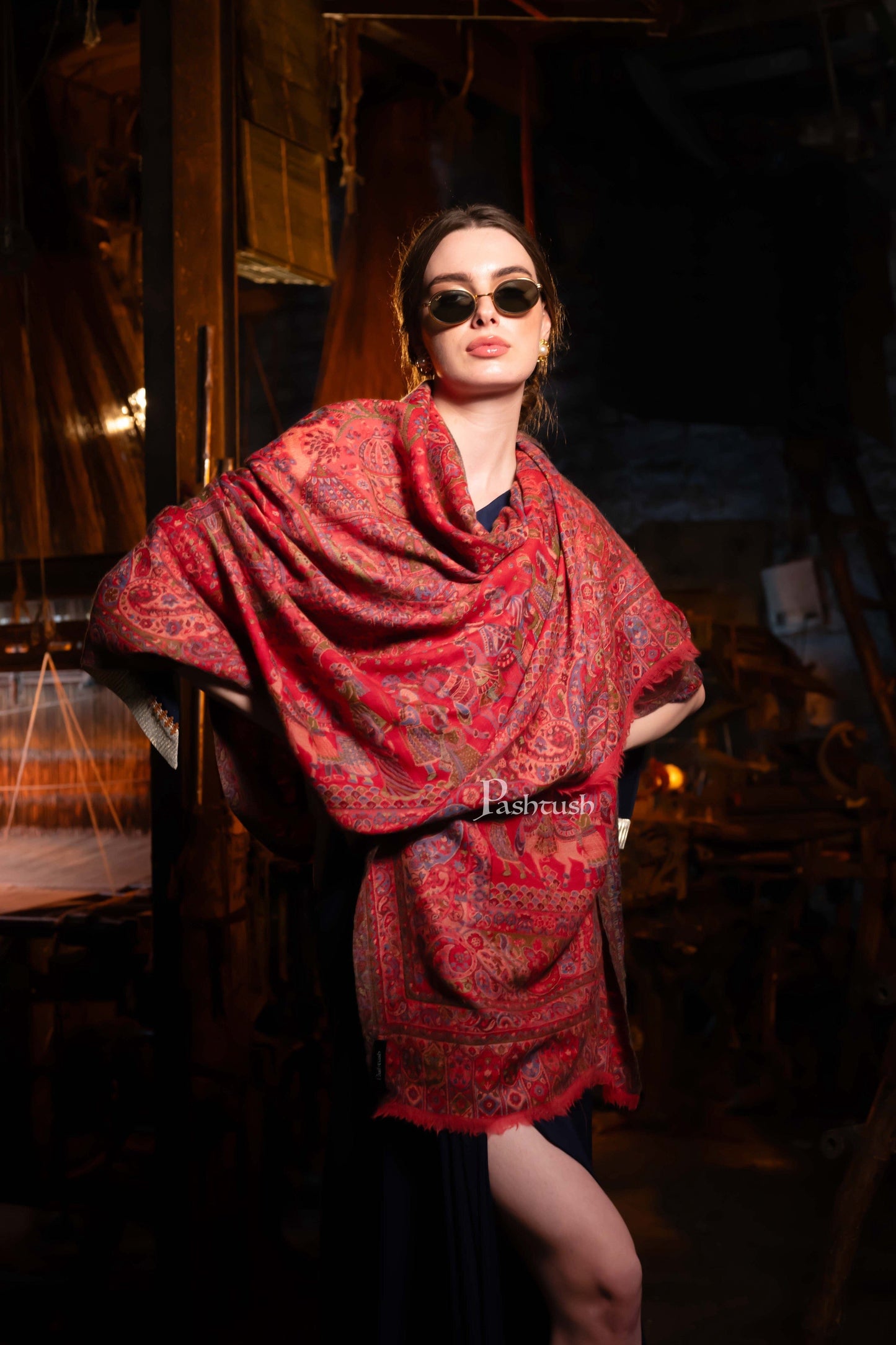 Pashtush India Womens Shawls Pashtush Womens 100% Pure Wool With Woolmark Certificate Shawl, Woven Weave Royal Doli Design, Rose