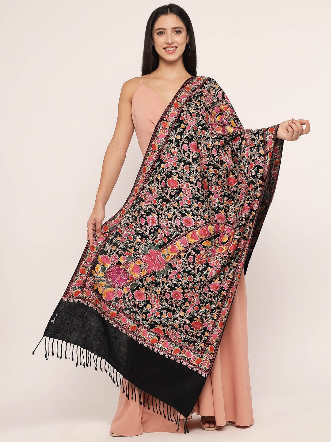 Pashtush India Womens Stoles and Scarves Scarf Pashtush womens 100% Pure Wool with Woolmark Certificate Stole, 100% nalki embroidery design, Black