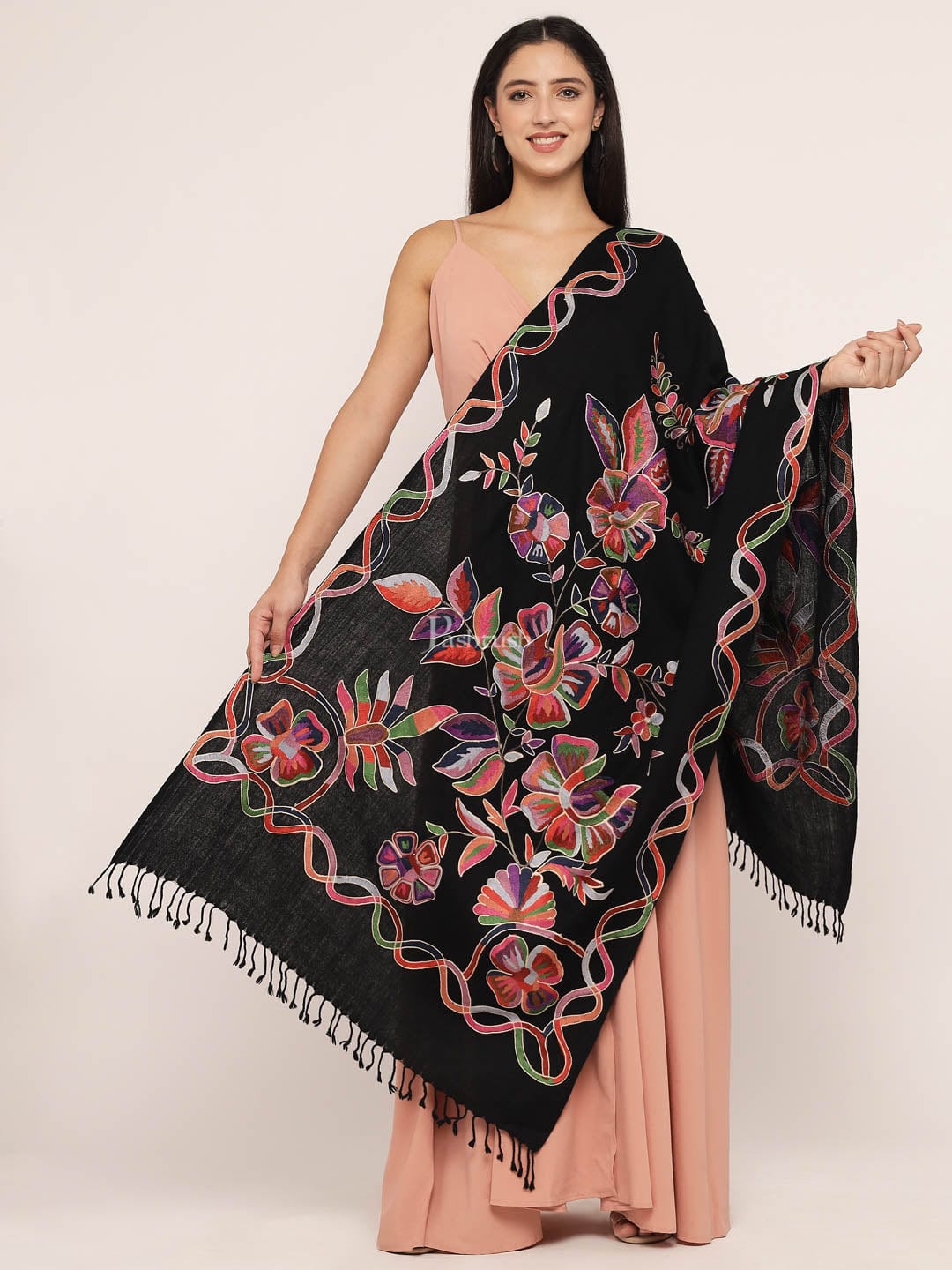 Pashtush India Womens Stoles and Scarves Scarf Pashtush womens 100% Pure Wool with Woolmark Certificate Stole, nalki embroidery design, Black
