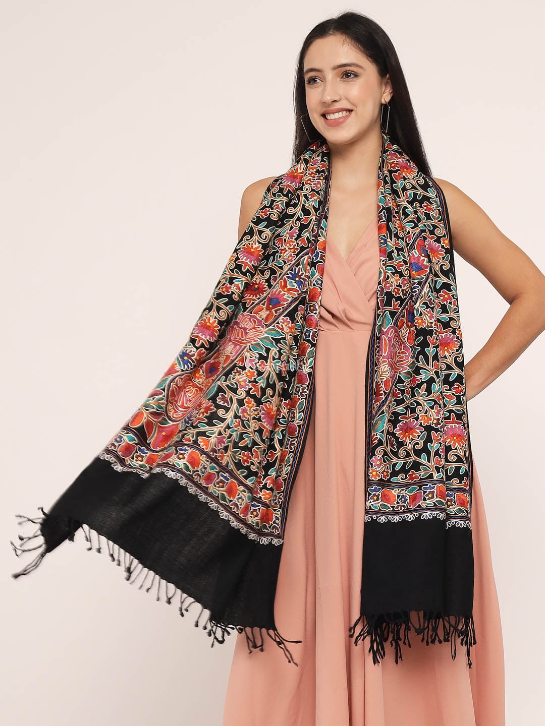 Pashtush India Womens Stoles and Scarves Scarf Pashtush womens 100% Pure Wool with Woolmark Certificate stole, nalki embroidery design, Black