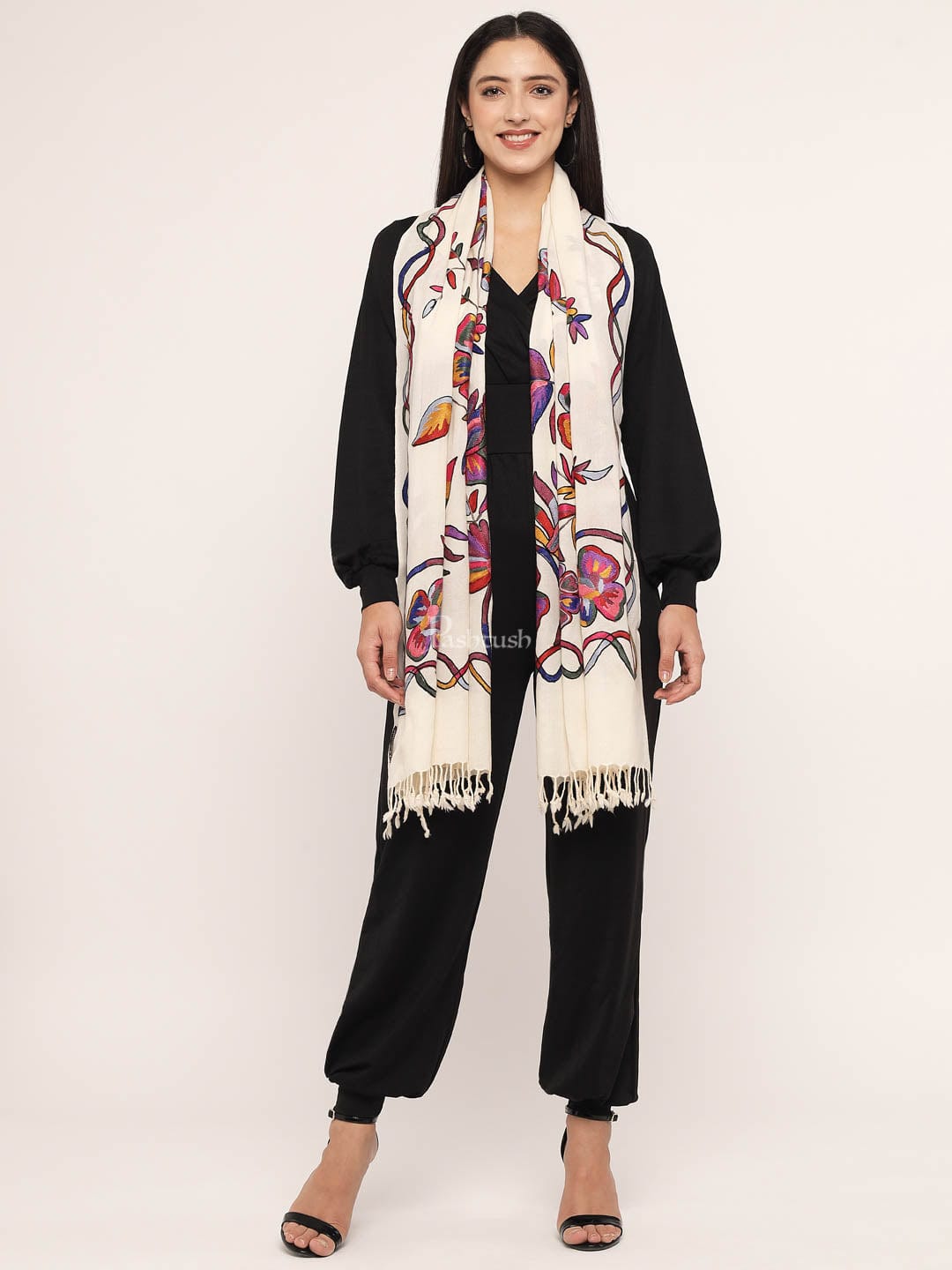 Pashtush India Womens Stoles and Scarves Scarf Pashtush womens 100% Pure Wool with Woolmark Certificate stole,  nalki embroidery design, Ivory