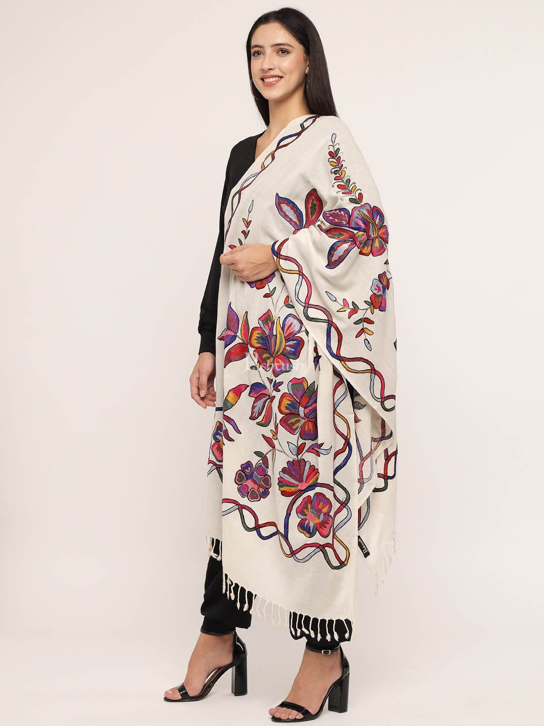 Pashtush India Womens Stoles and Scarves Scarf Pashtush womens 100% Pure Wool with Woolmark Certificate stole, nalki embroidery design, Ivory
