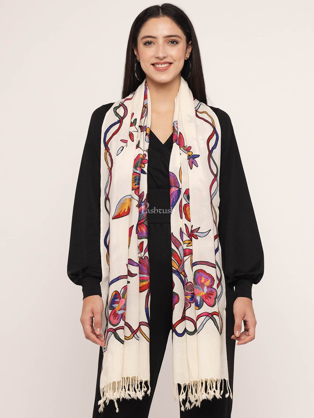 Pashtush India Womens Stoles and Scarves Scarf Pashtush womens 100% Pure Wool with Woolmark Certificate stole,  nalki embroidery design, Ivory