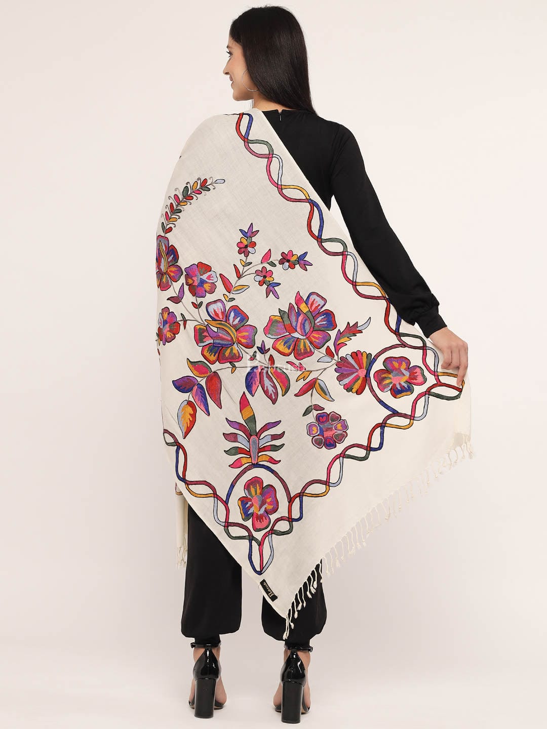 Pashtush India Womens Stoles and Scarves Scarf Pashtush womens 100% Pure Wool with Woolmark Certificate stole,  nalki embroidery design, Ivory