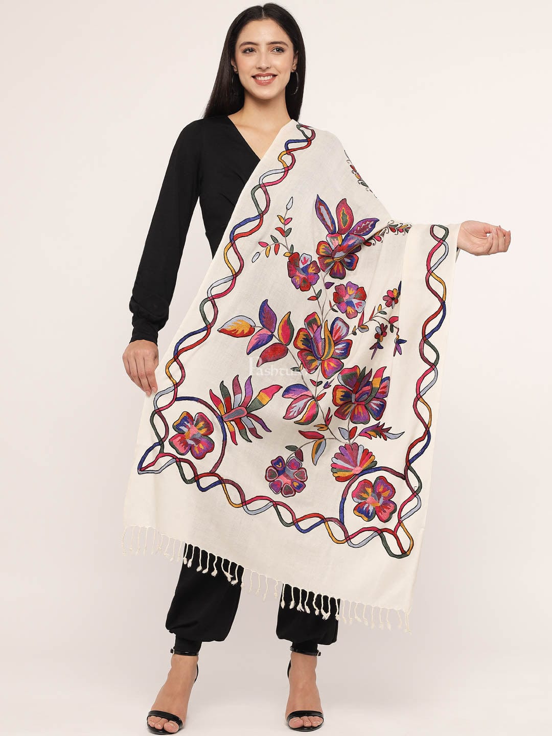 Pashtush India Womens Stoles and Scarves Scarf Pashtush womens 100% Pure Wool with Woolmark Certificate stole,  nalki embroidery design, Ivory