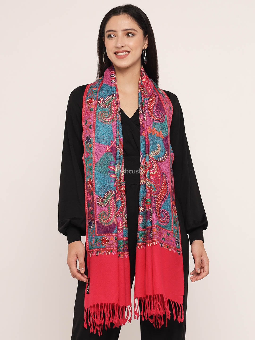 Pashtush India Womens Stoles and Scarves Scarf Pashtush womens 100% Pure Wool with Woolmark Certificate stole, nalki embroidery design, Multicolour