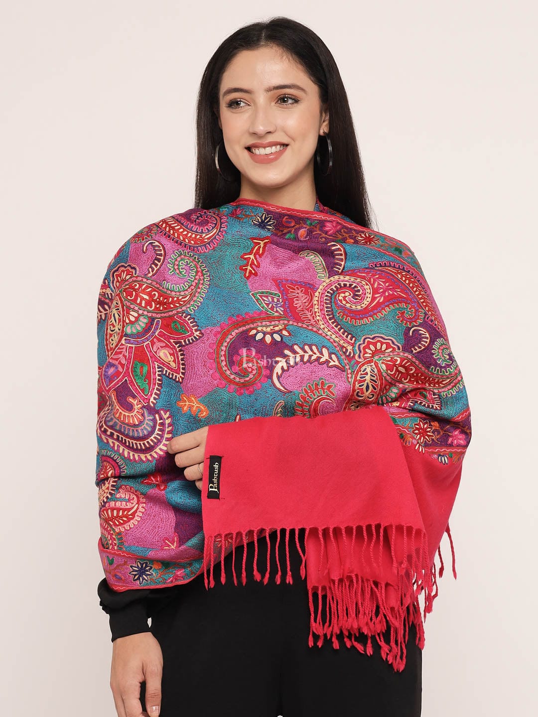 Pashtush India Womens Stoles and Scarves Scarf Pashtush womens 100% Pure Wool with Woolmark Certificate stole, nalki embroidery design, Multicolour