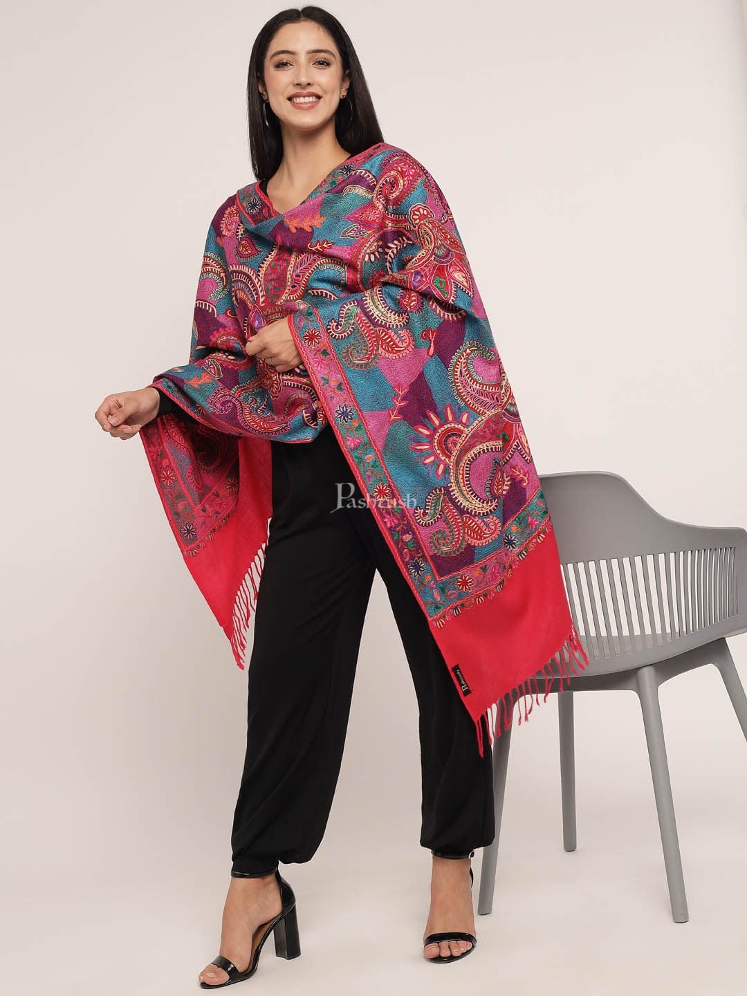 Pashtush India Womens Stoles and Scarves Scarf Pashtush womens 100% Pure Wool with Woolmark Certificate stole, nalki embroidery design, Multicolour