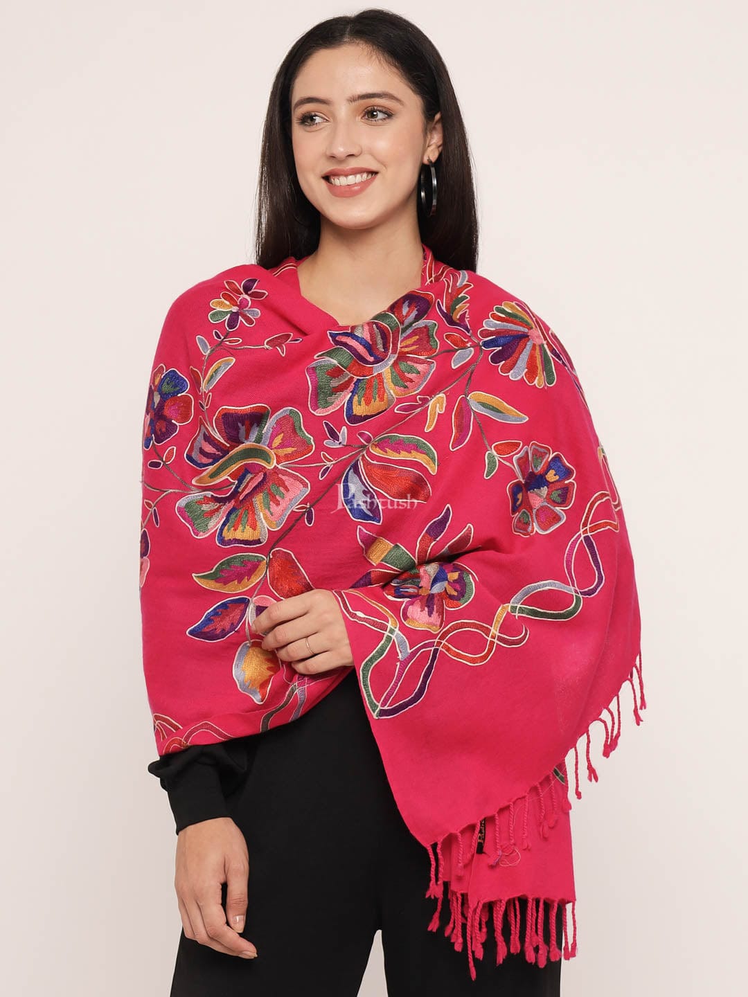 Pashtush India Womens Stoles and Scarves Scarf Pashtush womens 100% Pure Wool with Woolmark Certificate stole, nalki embroidery design, Pink