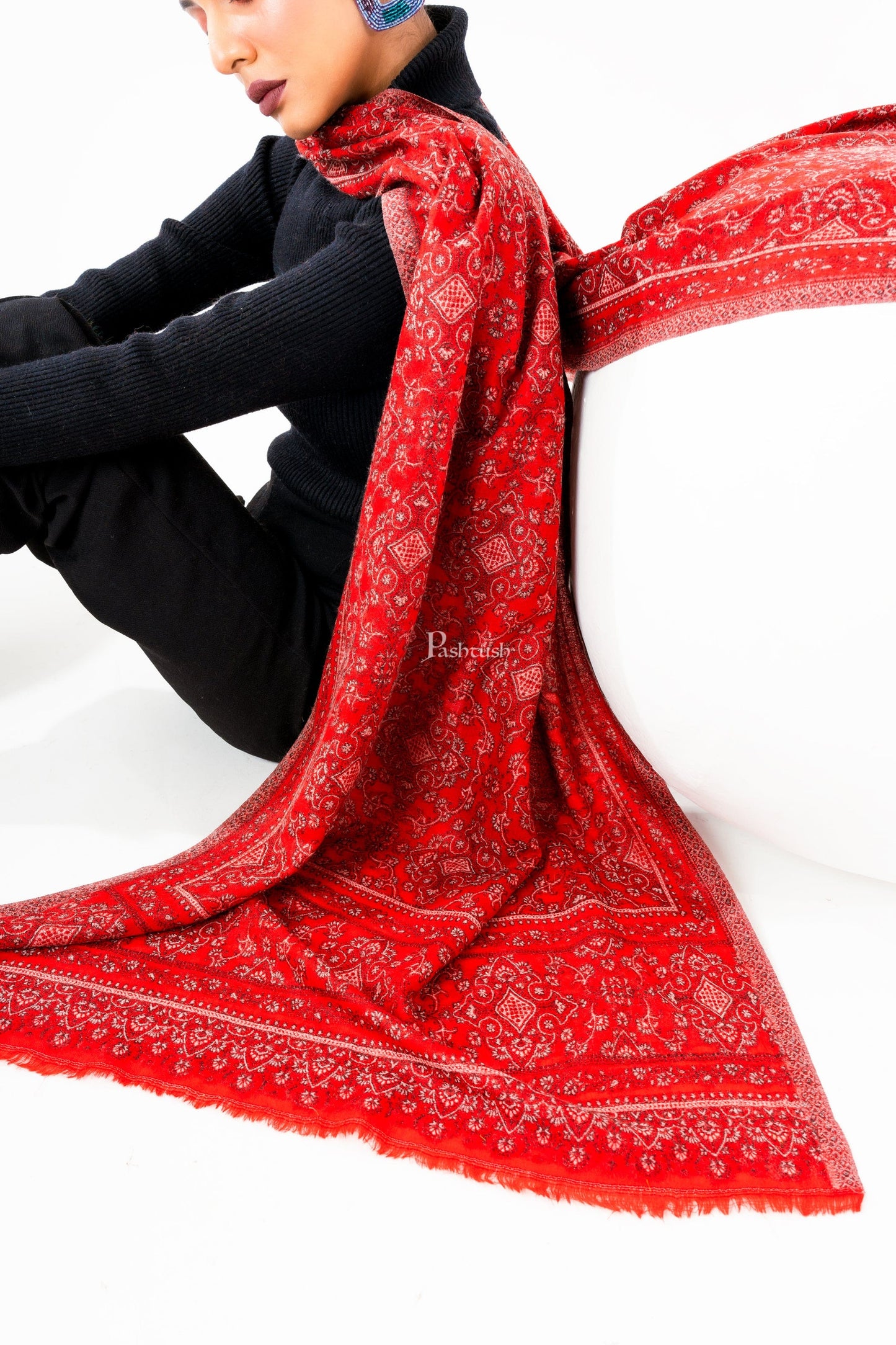 Pashtush India Womens Stoles and Scarves Scarf Pashtush Womens 100% Pure Wool With Woolmark Certificate Stole, Paisley Design, Maroon