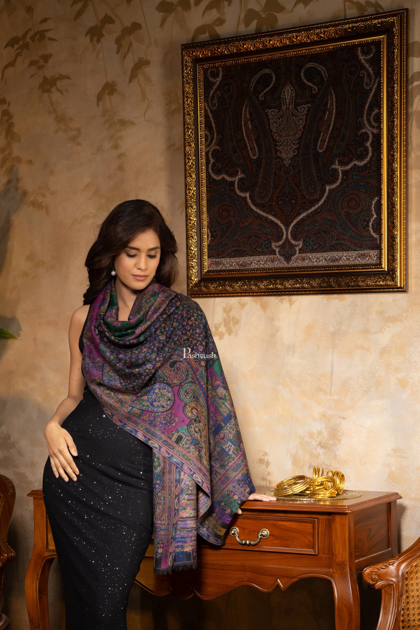 Pashtush India Womens Stoles and Scarves Scarf Pashtush Womens 100% Pure Wool With Woolmark Certificate Stole, Paisley Weave Design, Black