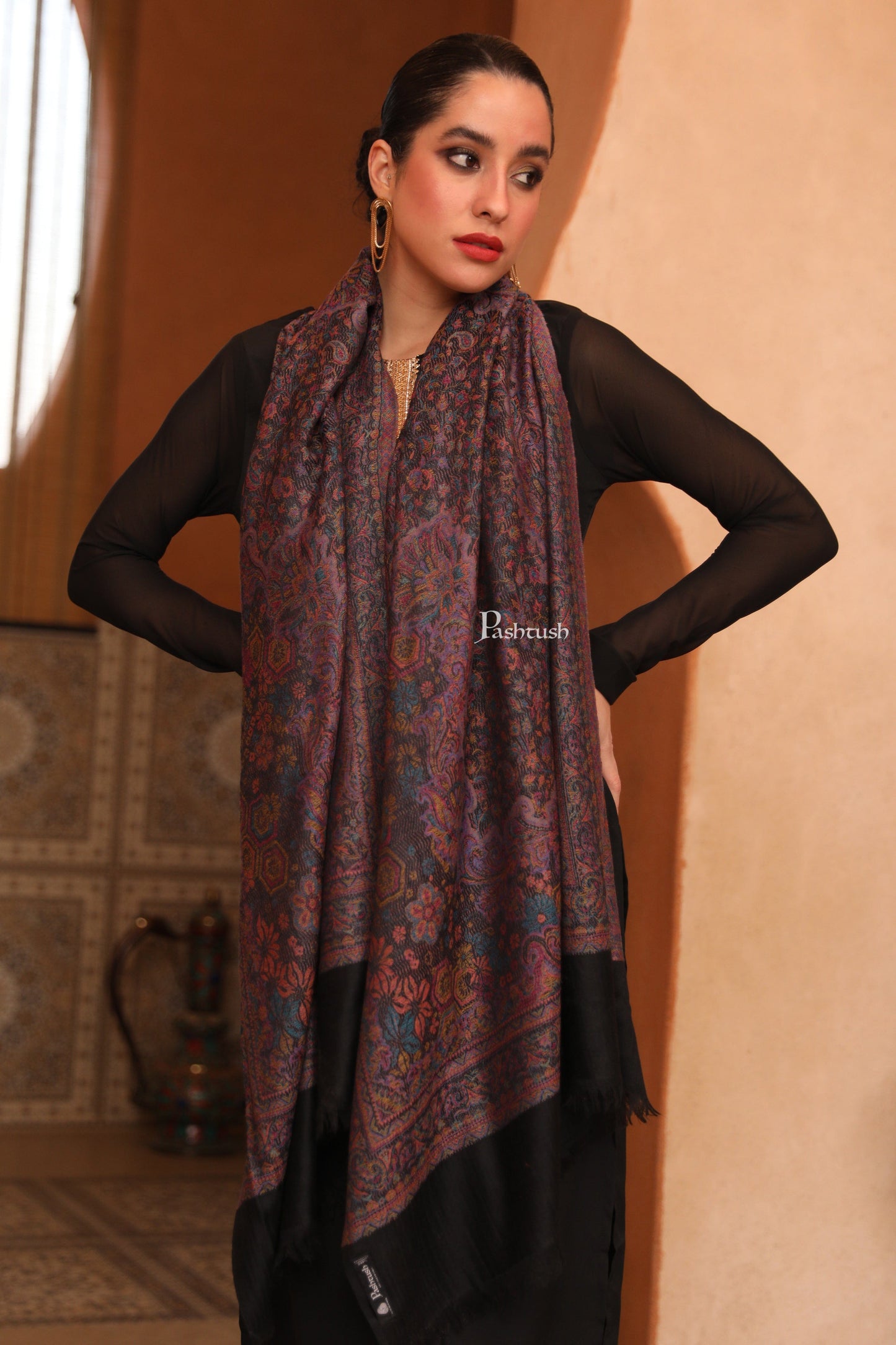 Pashtush India Womens Stoles and Scarves Scarf Pashtush Womens 100% Pure Wool With Woolmark Certificate Stole, Paisley Weave Design, Black