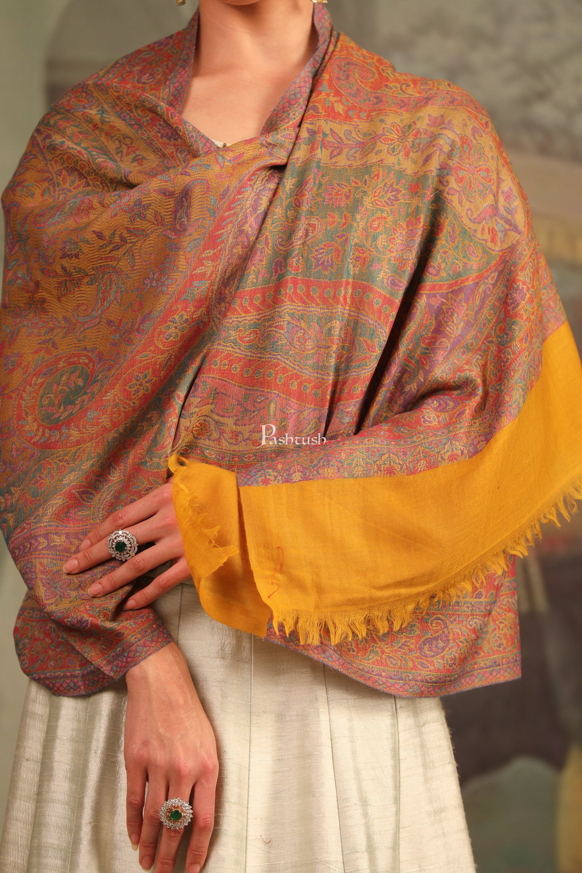 Pashtush India Womens Stoles and Scarves Scarf Pashtush Womens 100% Pure Wool With Woolmark Certificate Stole, Paisley Weave Design, Mustard