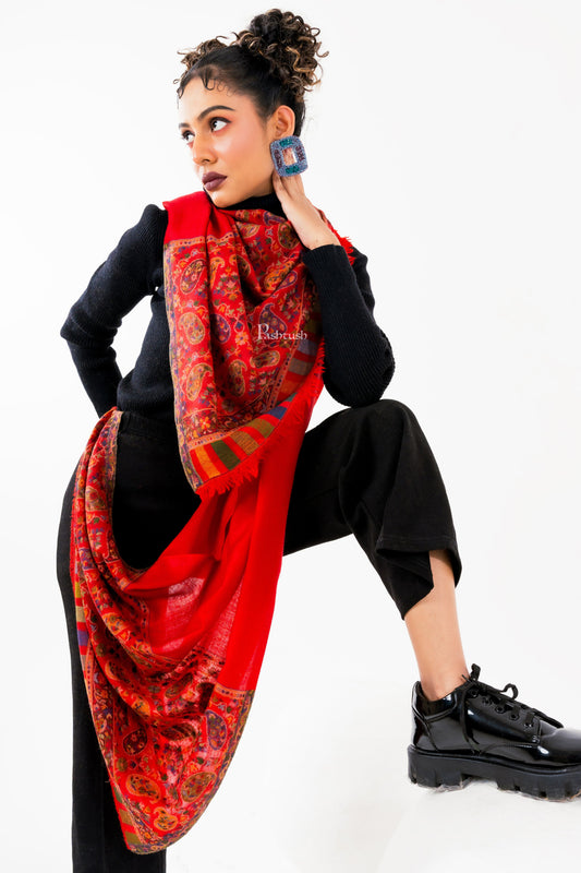 Pashtush India Womens Stoles and Scarves Scarf Pashtush Womens 100% Pure Wool With Woolmark Certificate Stole, Paisley Weave Design, Red