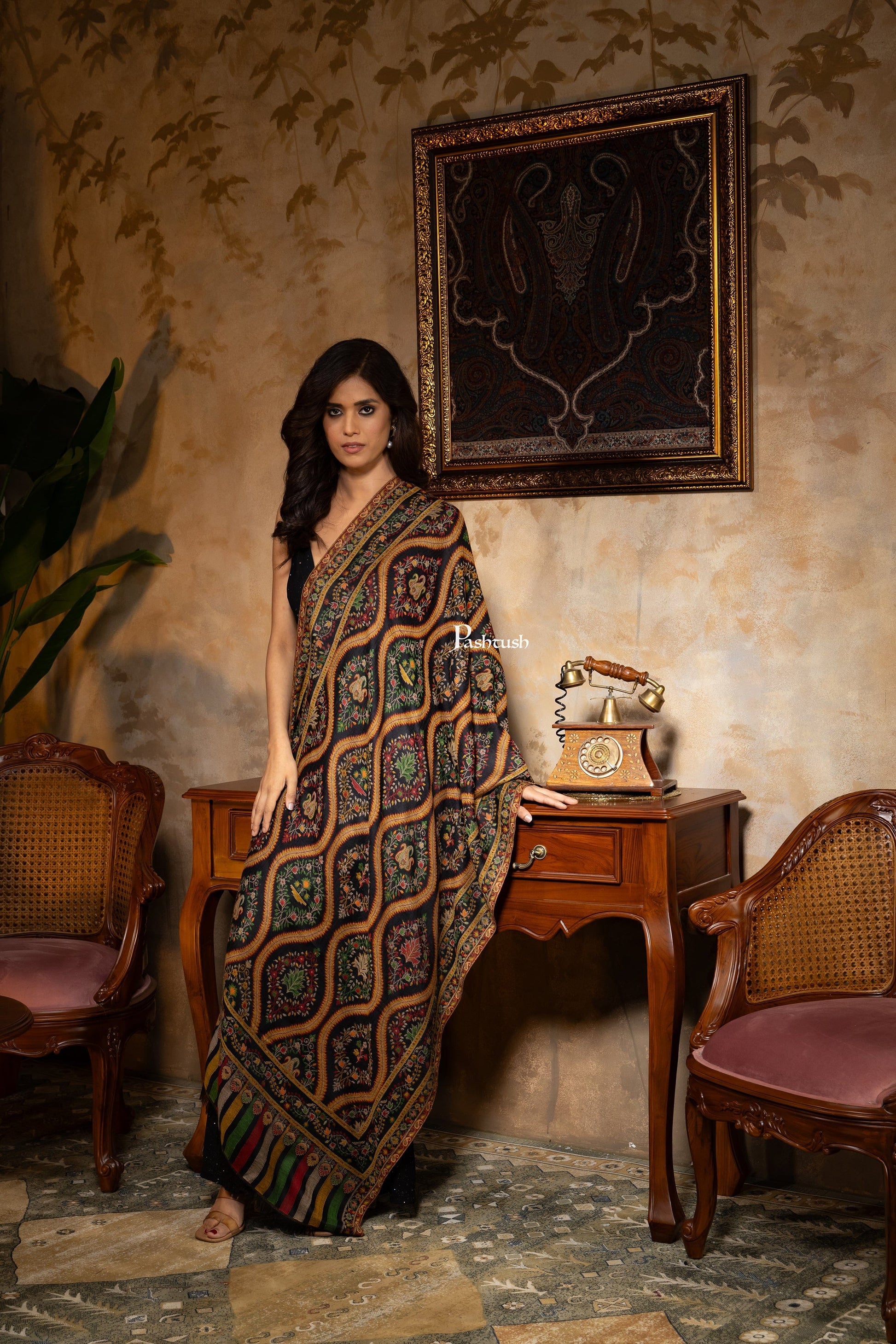 Pashtush India Womens Stoles and Scarves Scarf Pashtush Womens 100% Pure Wool With Woolmark Certificate Stole, Woven Design, Black