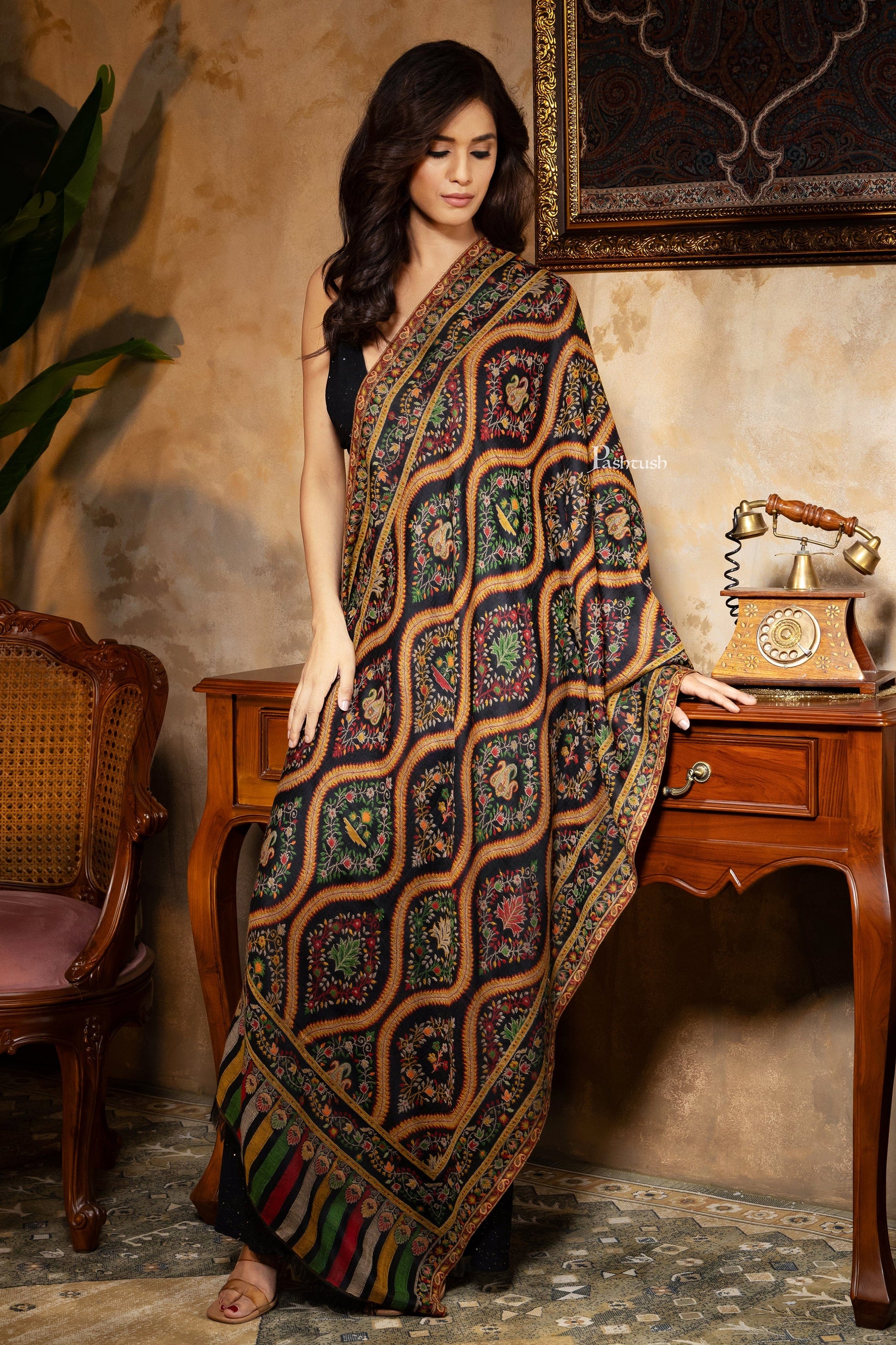 Pashtush India Womens Stoles and Scarves Scarf Pashtush Womens 100% Pure Wool With Woolmark Certificate Stole, Woven Design, Black