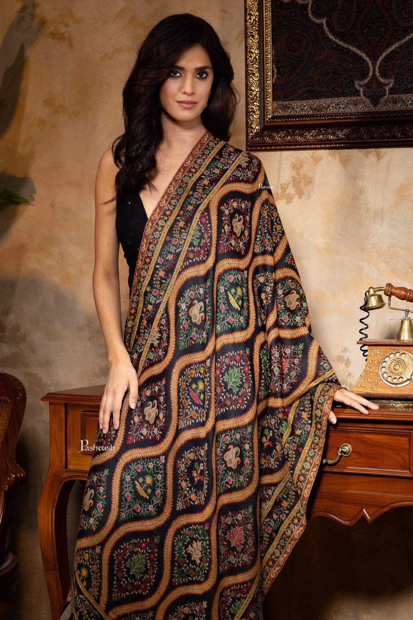 Pashtush India Womens Stoles and Scarves Scarf Pashtush Womens 100% Pure Wool With Woolmark Certificate Stole, Woven Design, Black