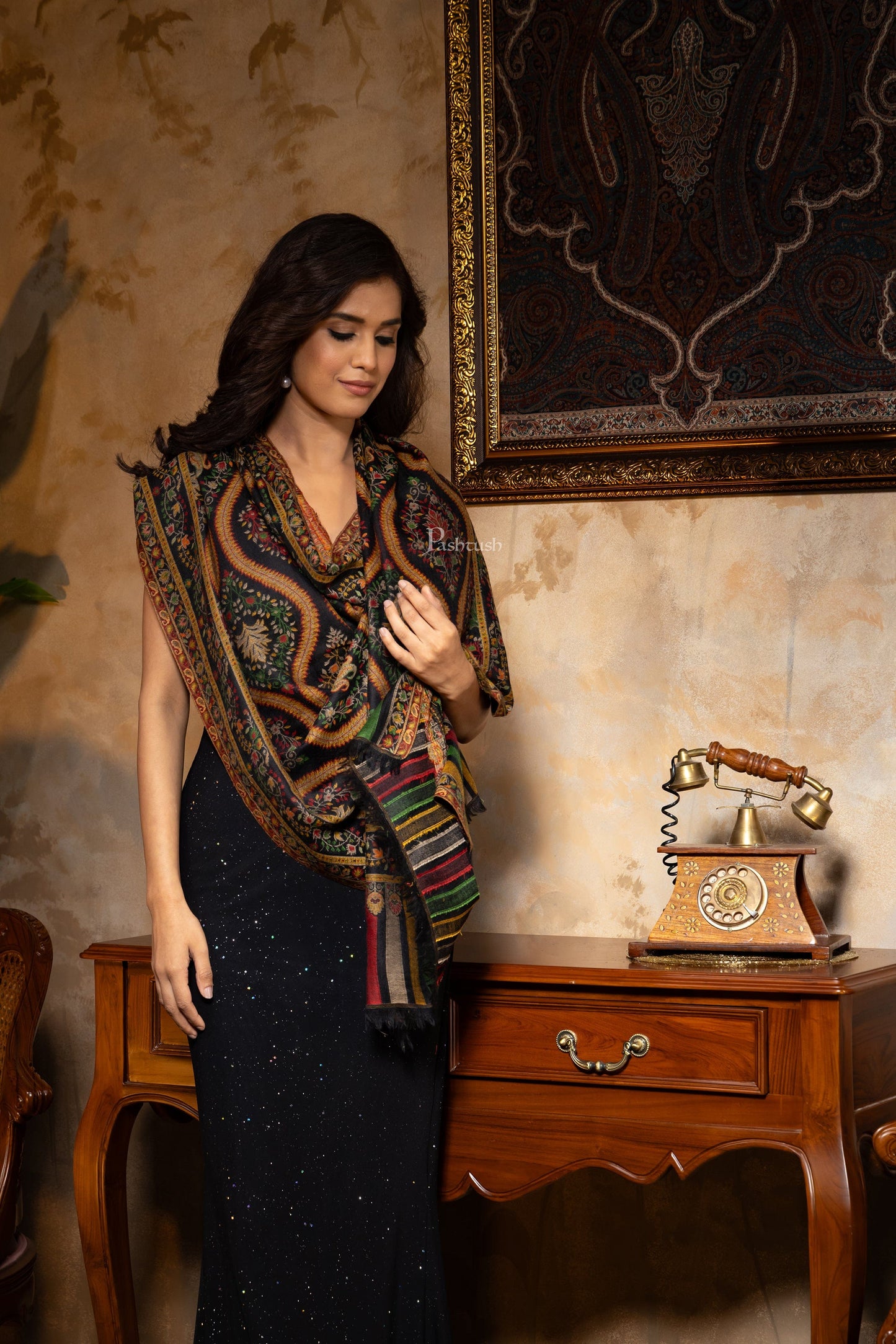 Pashtush India Womens Stoles and Scarves Scarf Pashtush Womens 100% Pure Wool With Woolmark Certificate Stole, Woven Design, Black