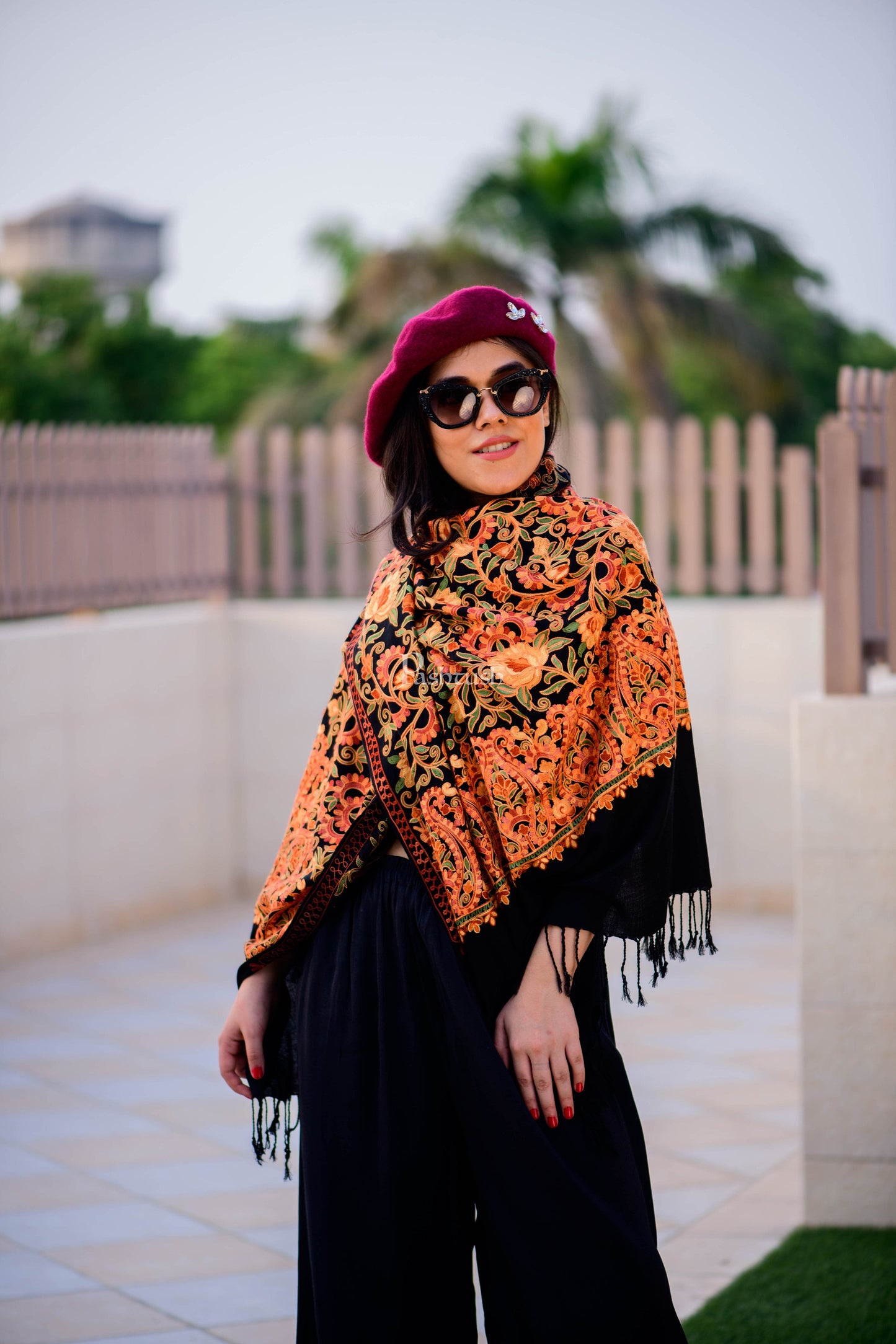 Pashtush India Womens Stoles and Scarves Scarf Pashtush Womens Aari Embroidery Stole, Fine Wool, Black