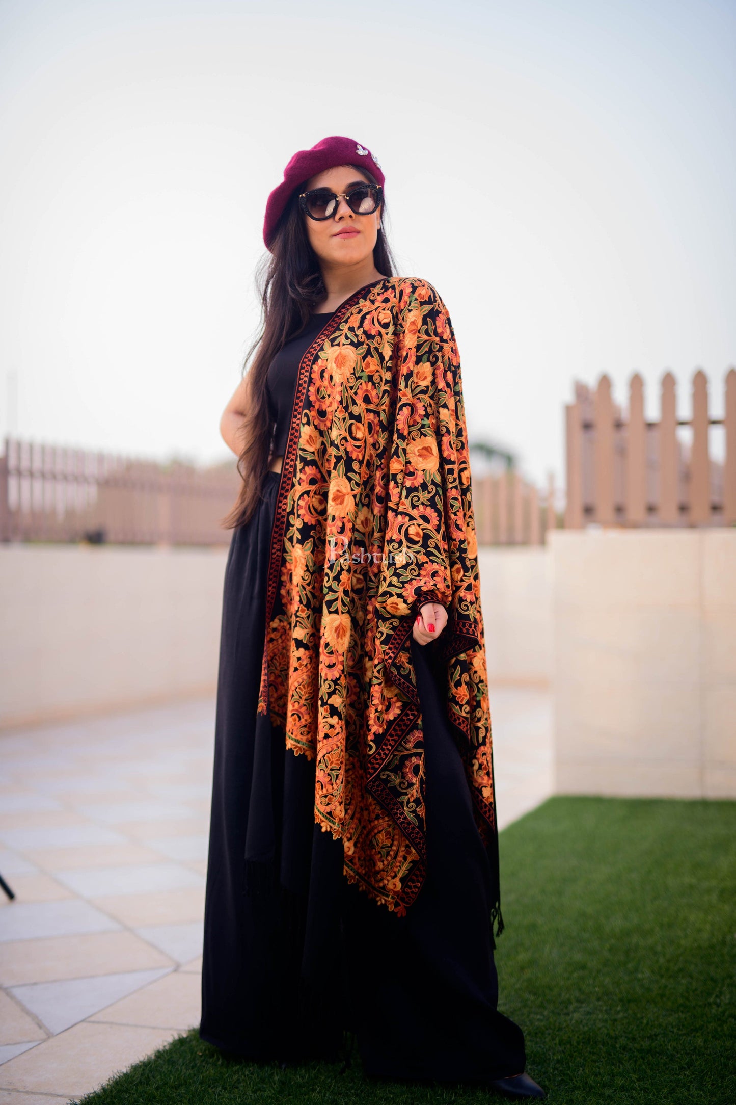 Pashtush India Womens Stoles and Scarves Scarf Pashtush Womens Aari Embroidery Stole, Fine Wool, Black