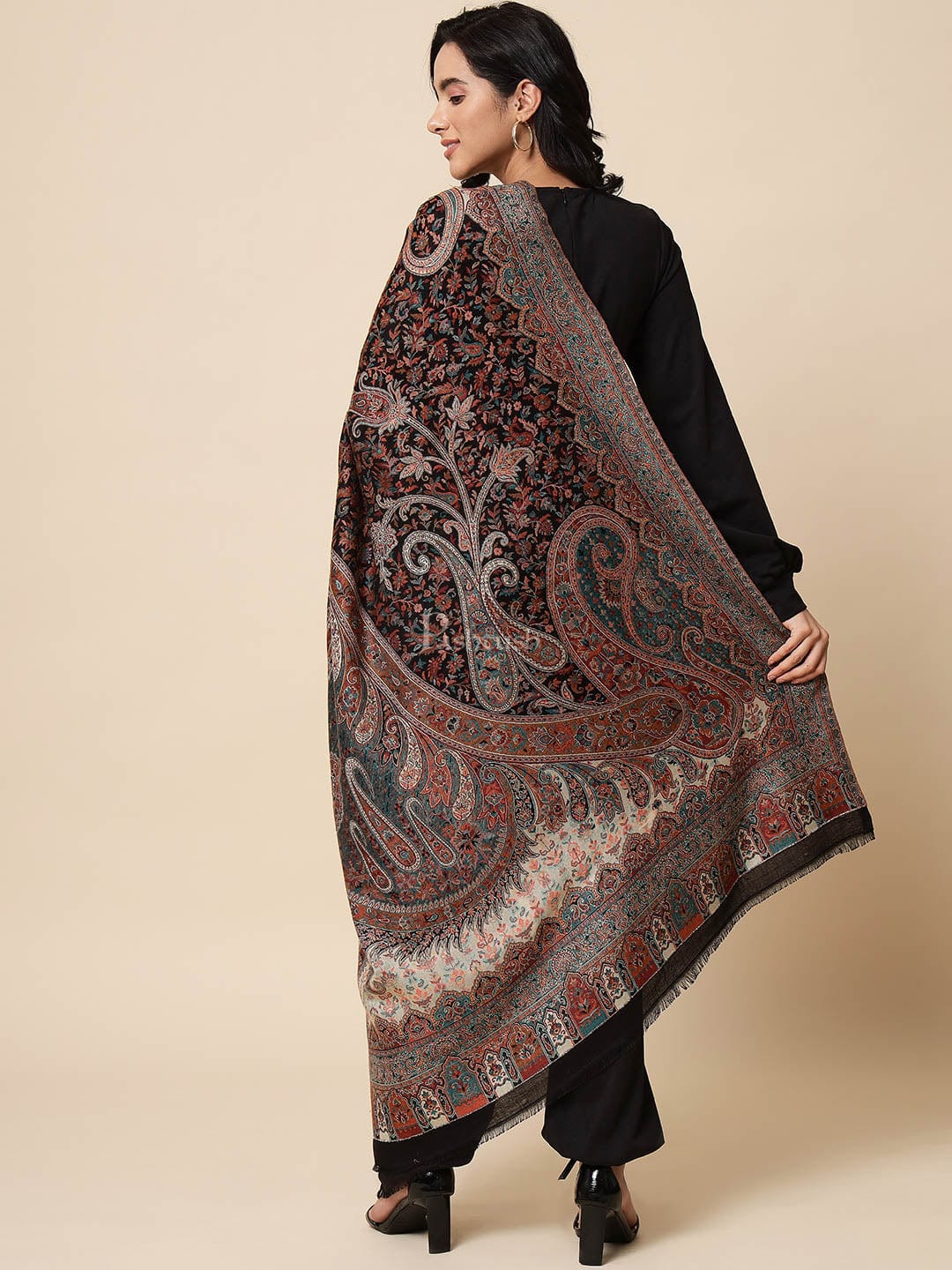 Pashtush India Womens Shawls Pashtush Womens Antique Look Jamawar Shawl, Rich Garden Aesthetic, Faux Pashmina, Black