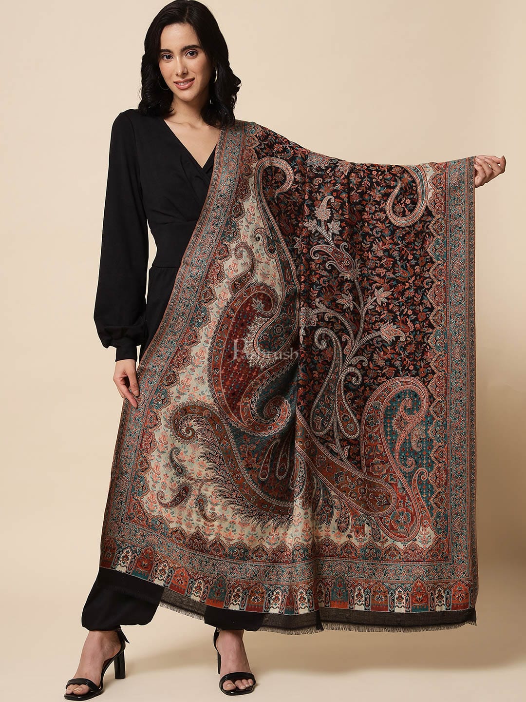 Pashtush India Womens Shawls Pashtush Womens Antique Look Jamawar Shawl, Rich Garden Aesthetic, Faux Pashmina, Black