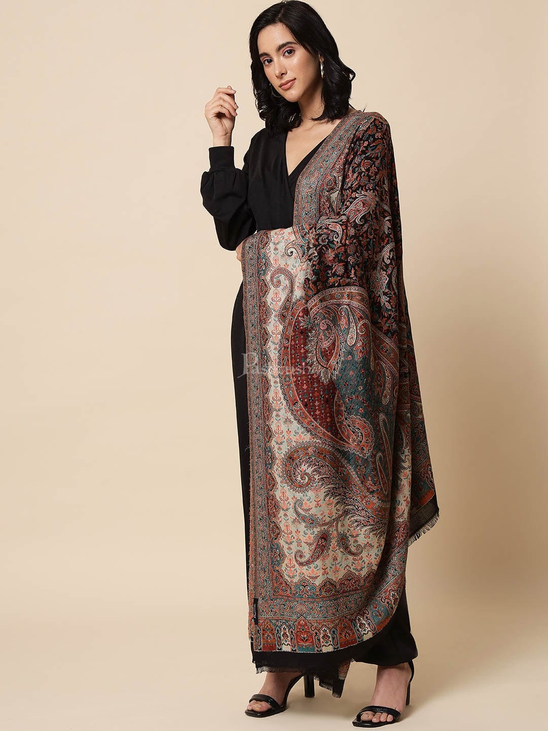 Pashtush India Womens Shawls Pashtush Womens Antique Look Jamawar Shawl, Rich Garden Aesthetic, Faux Pashmina, Black