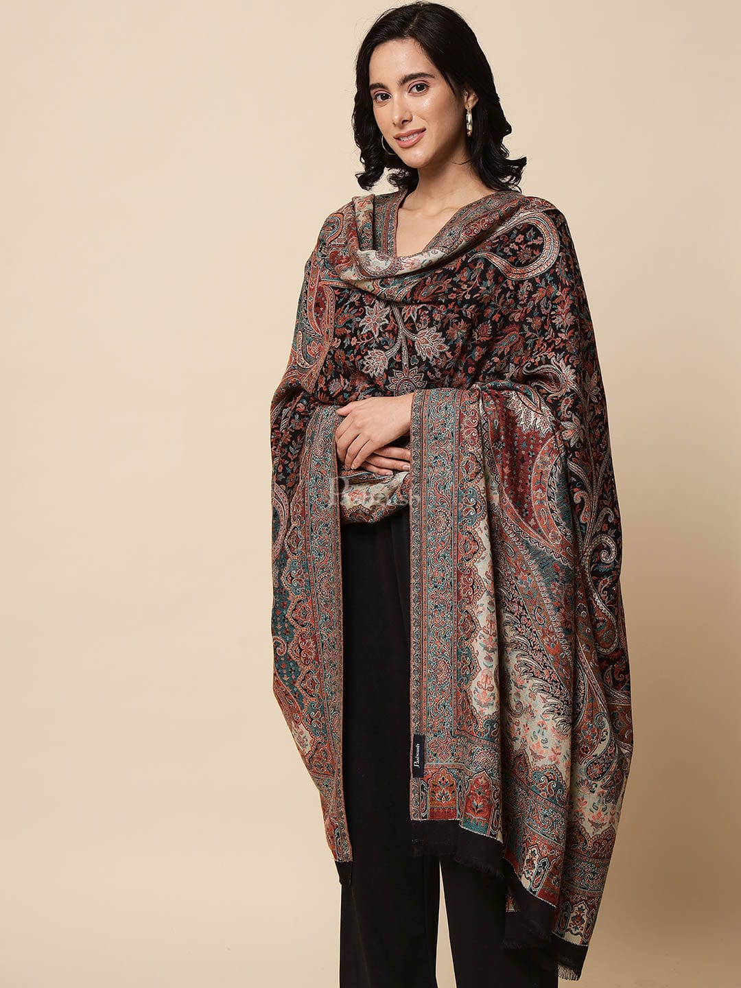 Pashtush India Womens Shawls Pashtush Womens Antique Look Jamawar Shawl, Rich Garden Aesthetic, Faux Pashmina, Black
