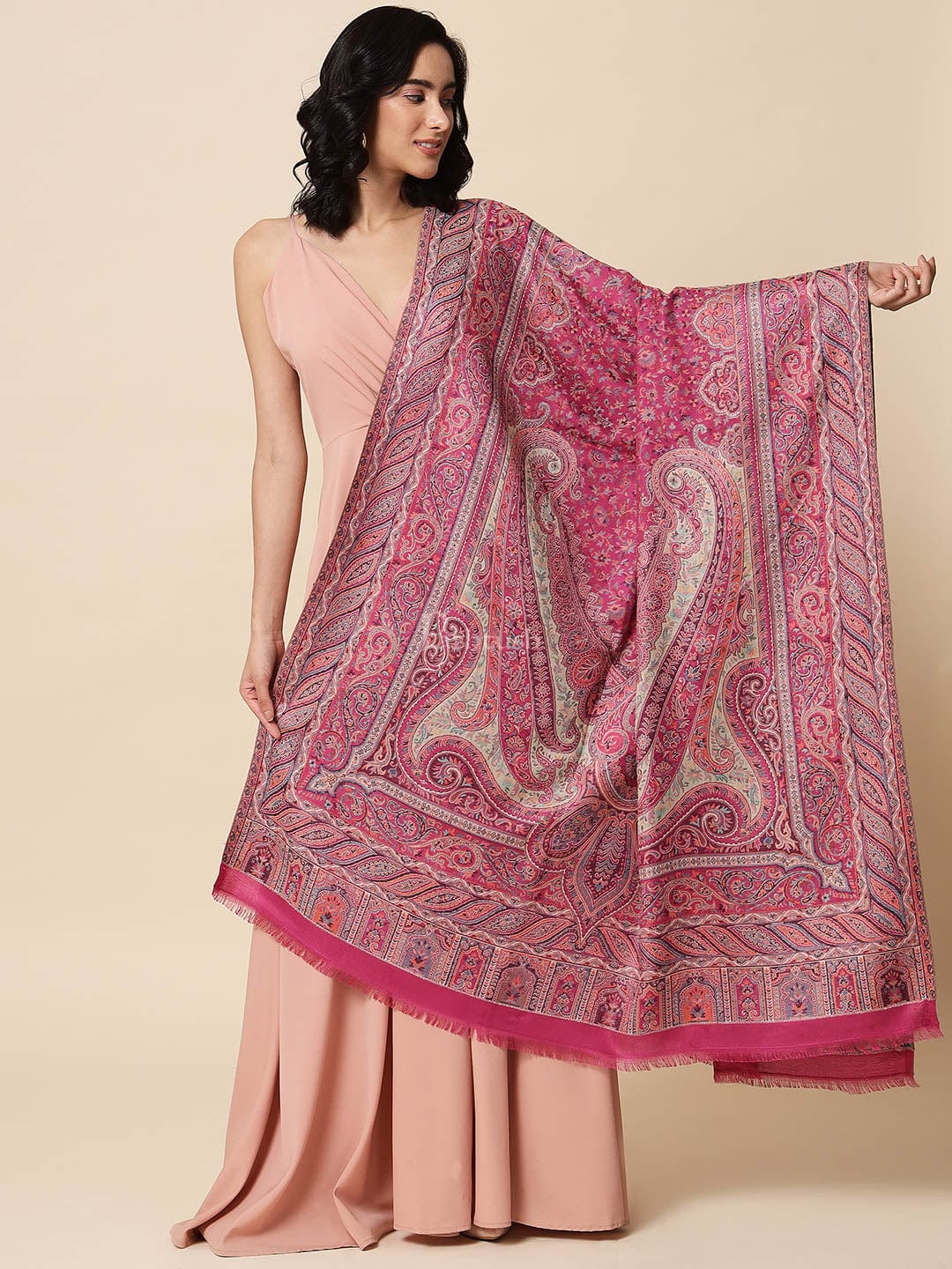Pashtush India Womens Shawls Pashtush Womens Antique Look Jamawar Shawl, Rich Garden Aesthetic, Faux Pashmina, Fuschia