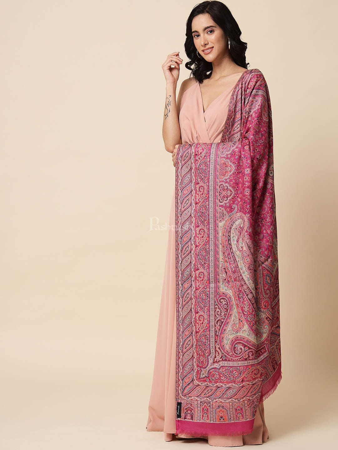 Pashtush India Womens Shawls Pashtush Womens Antique Look Jamawar Shawl, Rich Garden Aesthetic, Faux Pashmina, Fuschia