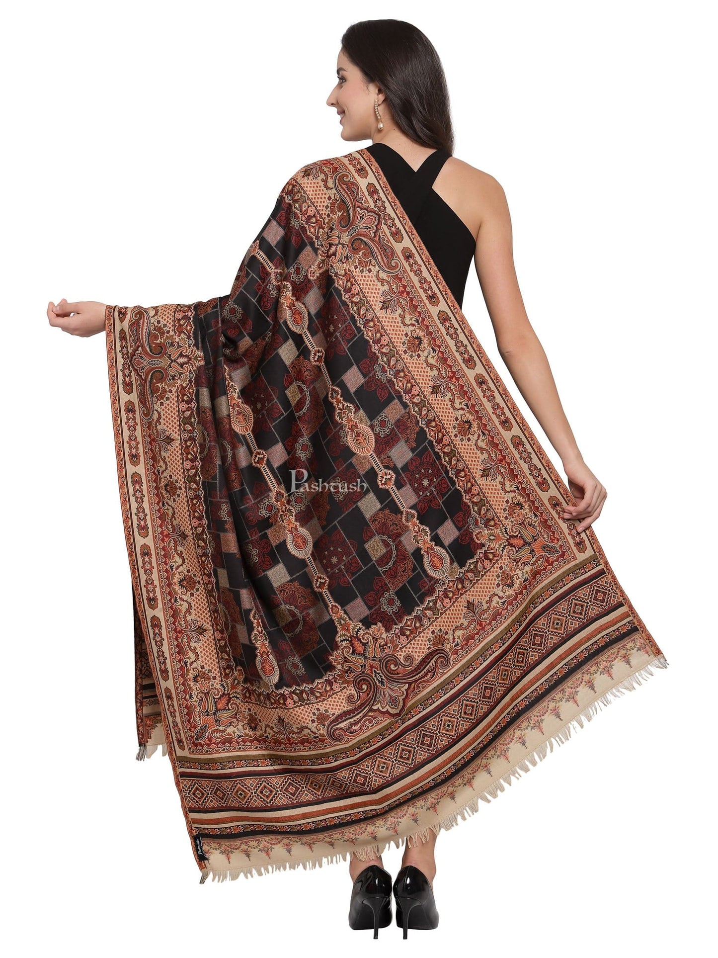 Pashtush India Womens Shawls Pashtush Womens Aztec Jamawar Shawl, Faux Pashmina -Black