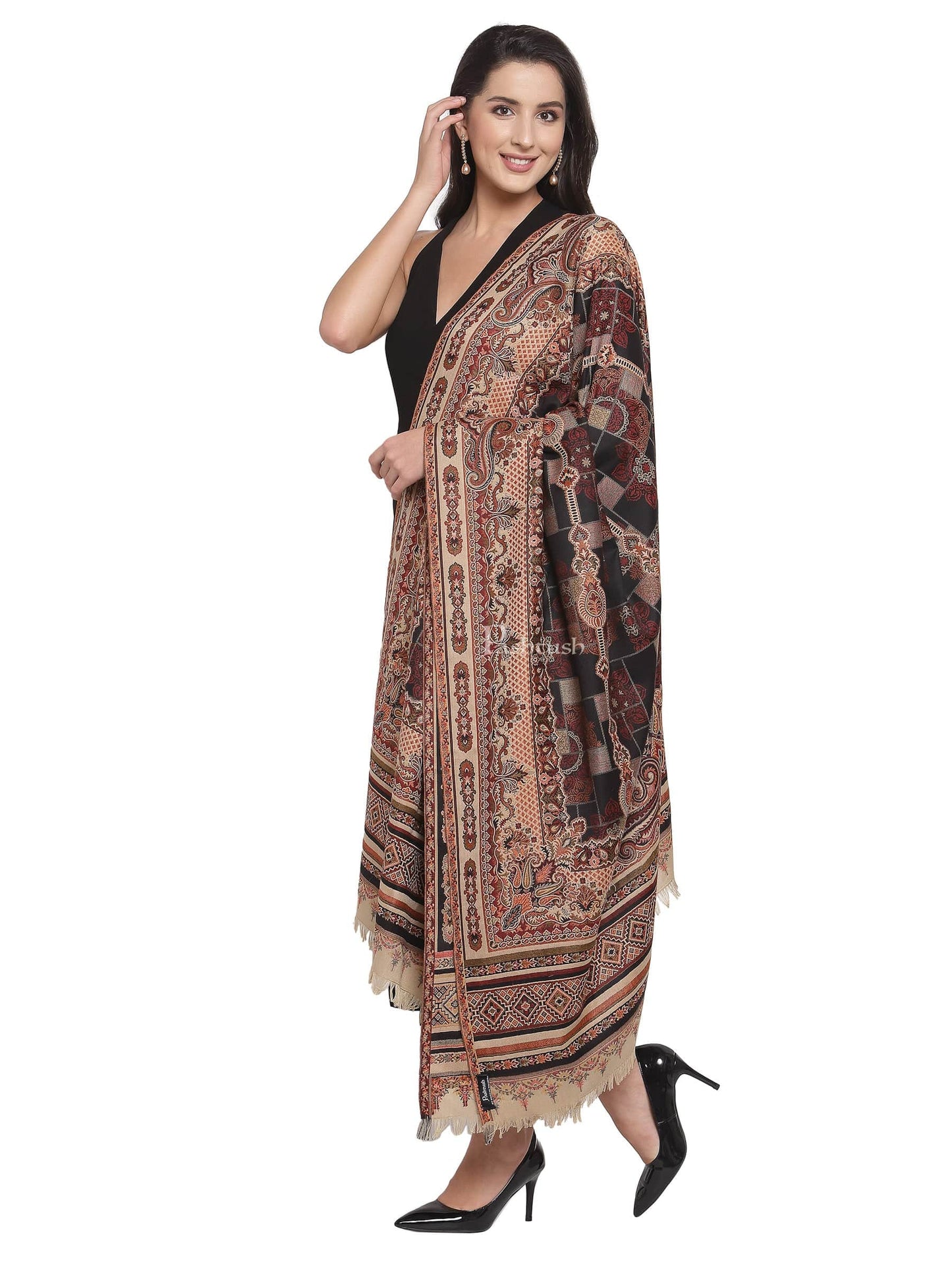 Pashtush India Womens Shawls Pashtush Womens Aztec Jamawar Shawl, Faux Pashmina -Black