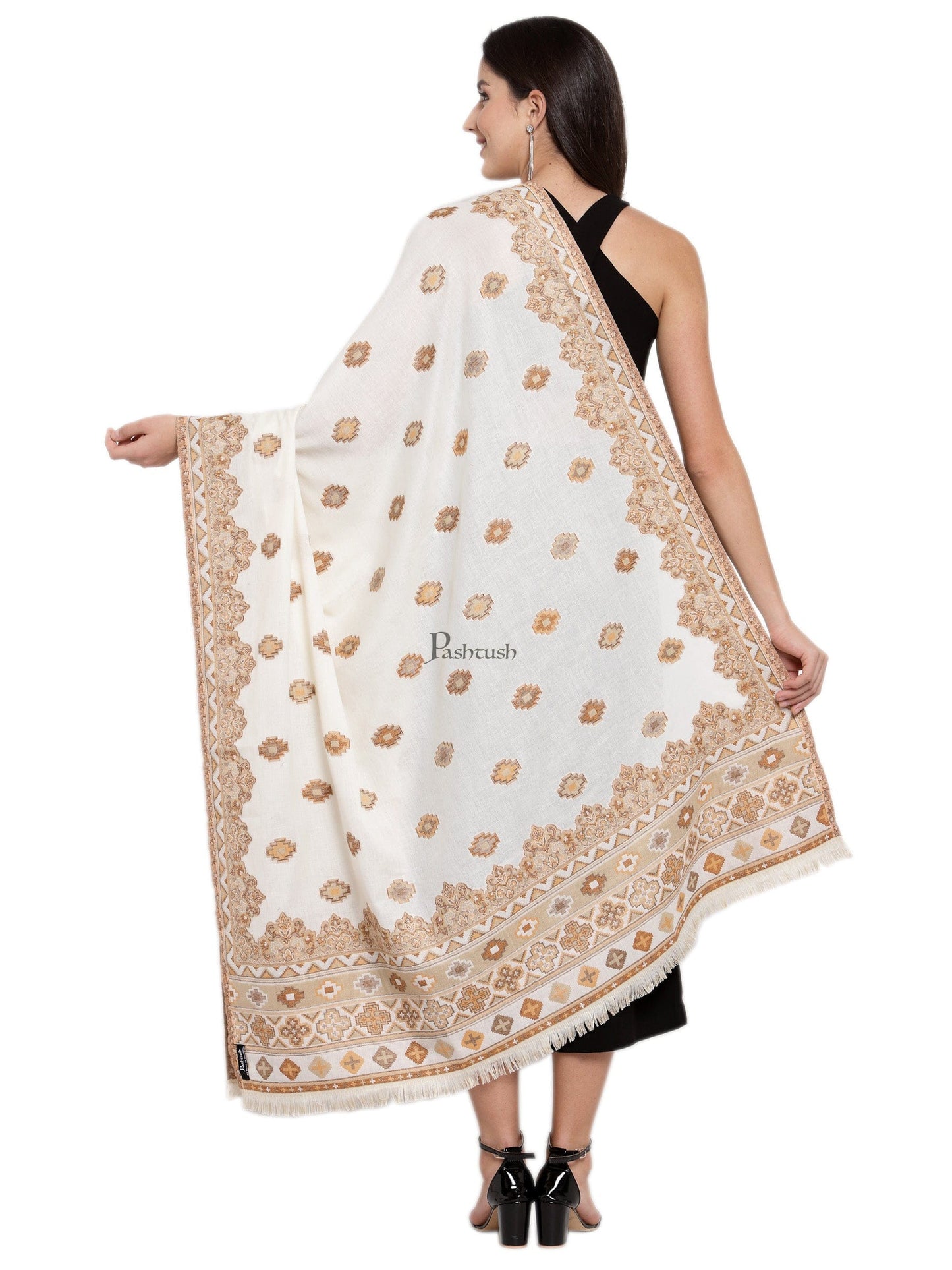 Pashtush India Womens Shawls Pashtush Womens Aztec Jamawar Shawl, Faux Pashmina, Woven Jacquard Design With Aztec Weaving Design, Soft And Warm Faux Pashmina White