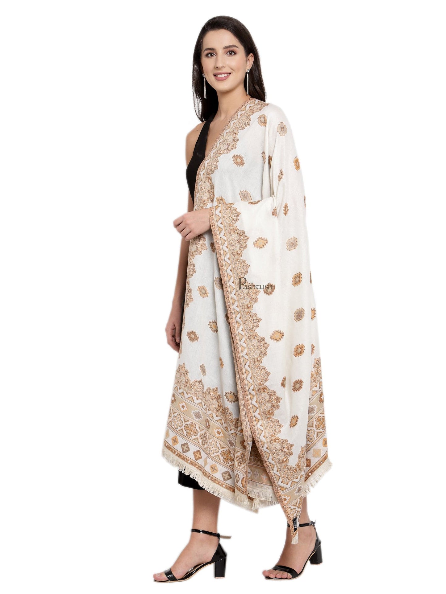 Pashtush India Womens Shawls Pashtush Womens Aztec Jamawar Shawl, Faux Pashmina, Woven Jacquard Design With Aztec Weaving Design, Soft And Warm Faux Pashmina White