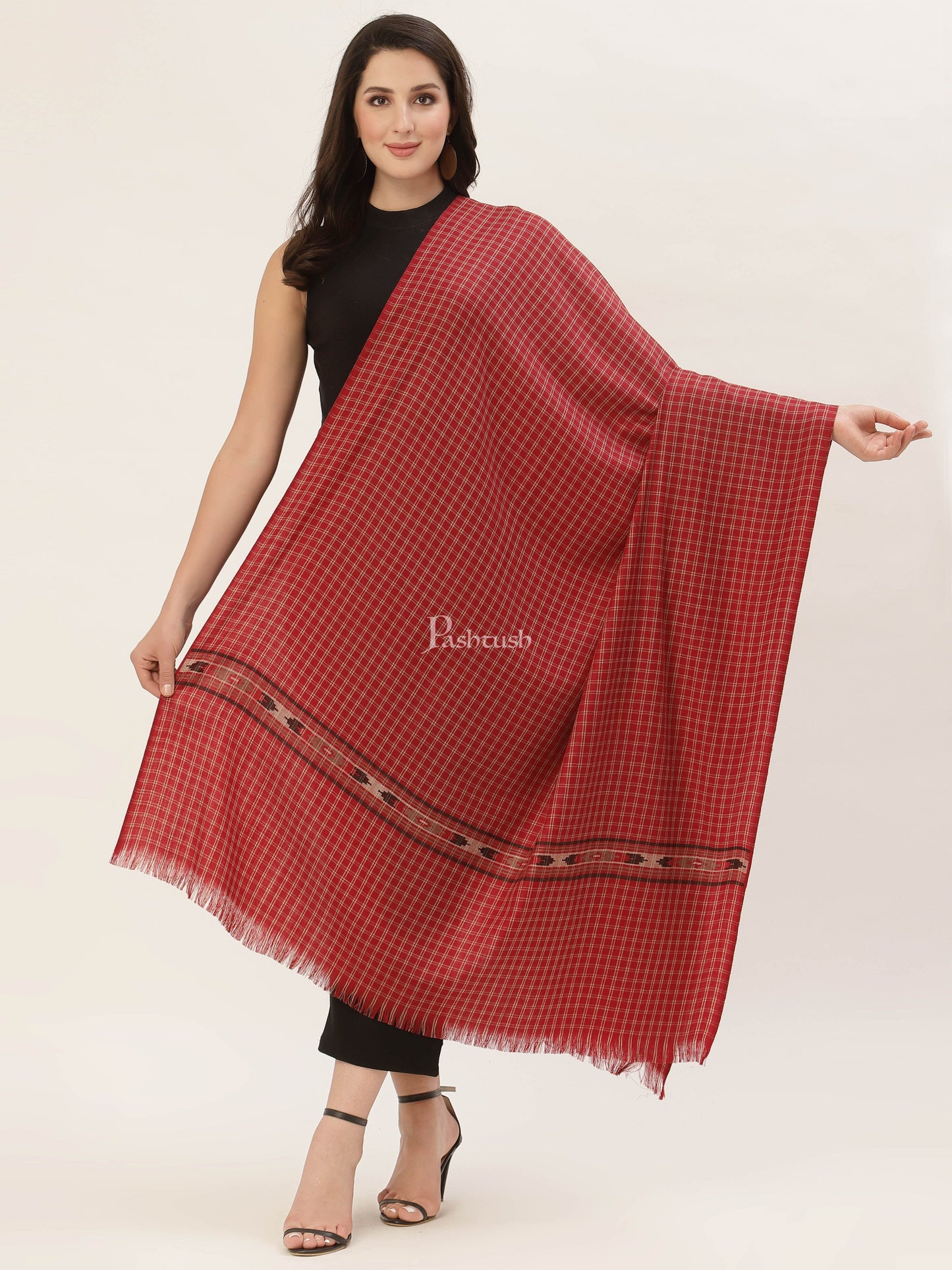 Pashtush India Womens Shawls Pashtush Womens Aztec Weave Shawl From Himachal, Red