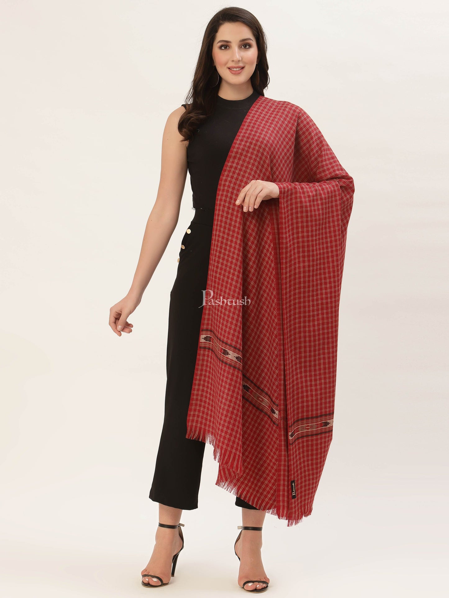 Pashtush India Womens Shawls Pashtush Womens Aztec Weave Shawl From Himachal, Red