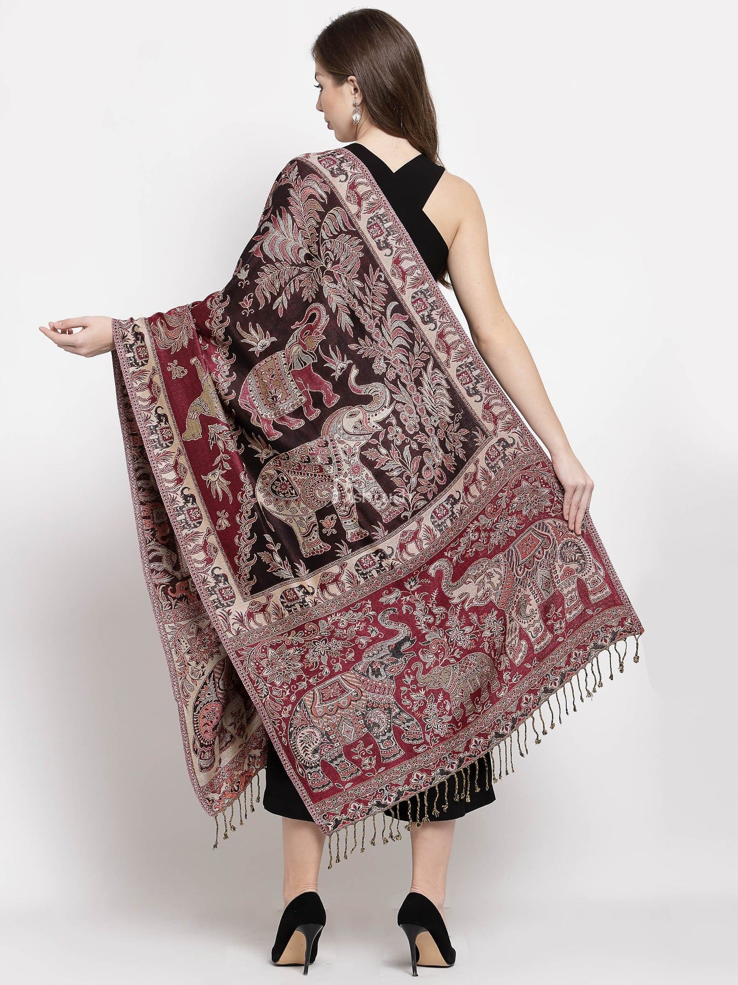 Pashtush India Womens Stoles and Scarves Scarf Pashtush Womens Bamboo Reversible Stole, Safari Elephants, Maroon And Black